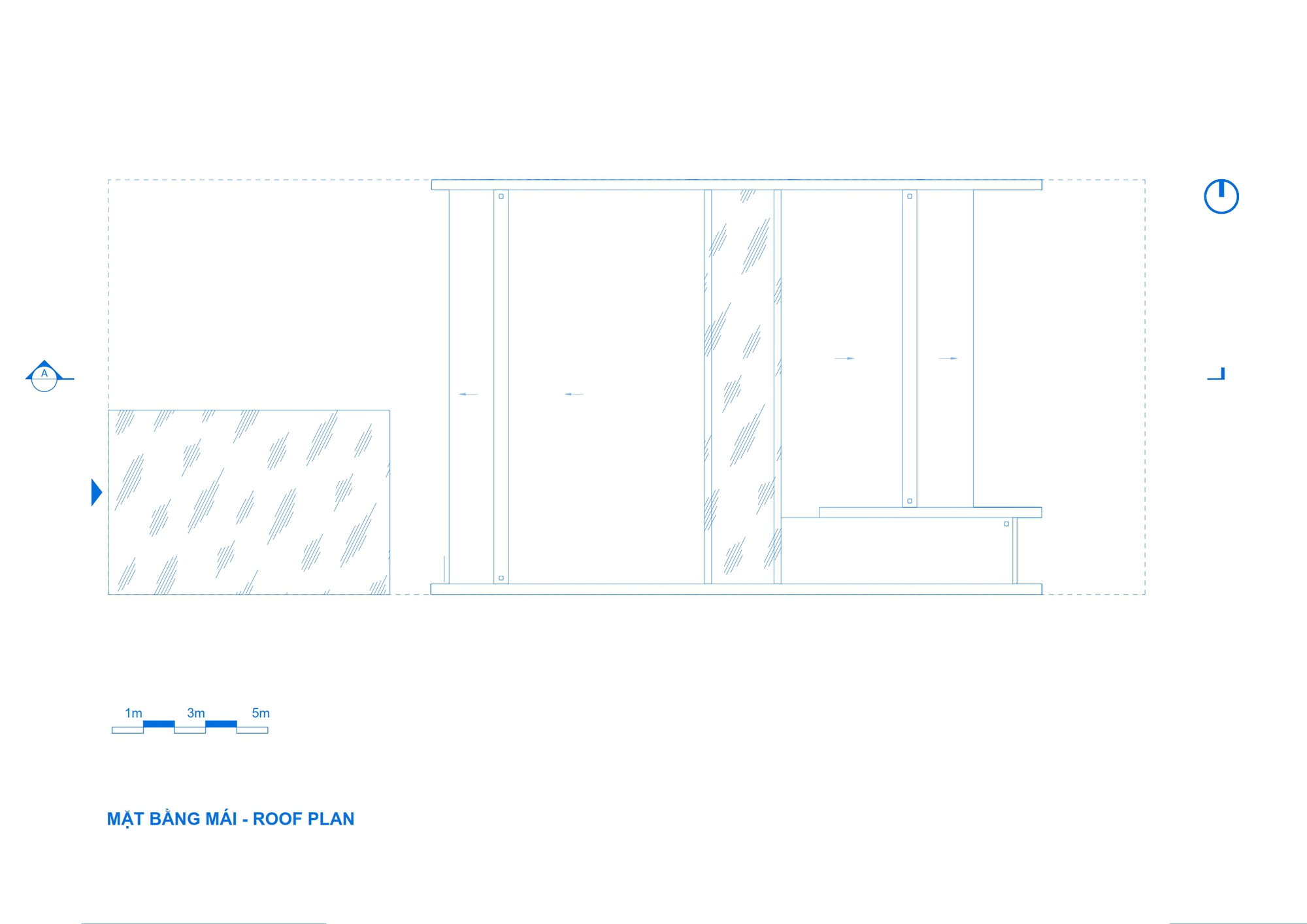 Roof plan drawing showing parallel roof bands, a central glazed strip and a hatched skylight panel at the left end
