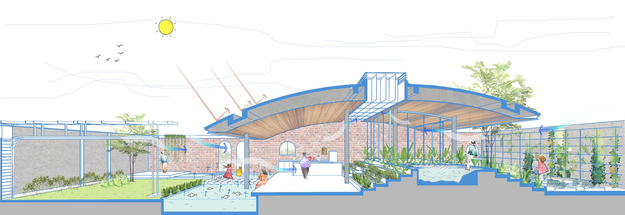 Colored section drawing of a curved vaulted roof over a brick-walled house, with a koi pool, garden, people and sun rays