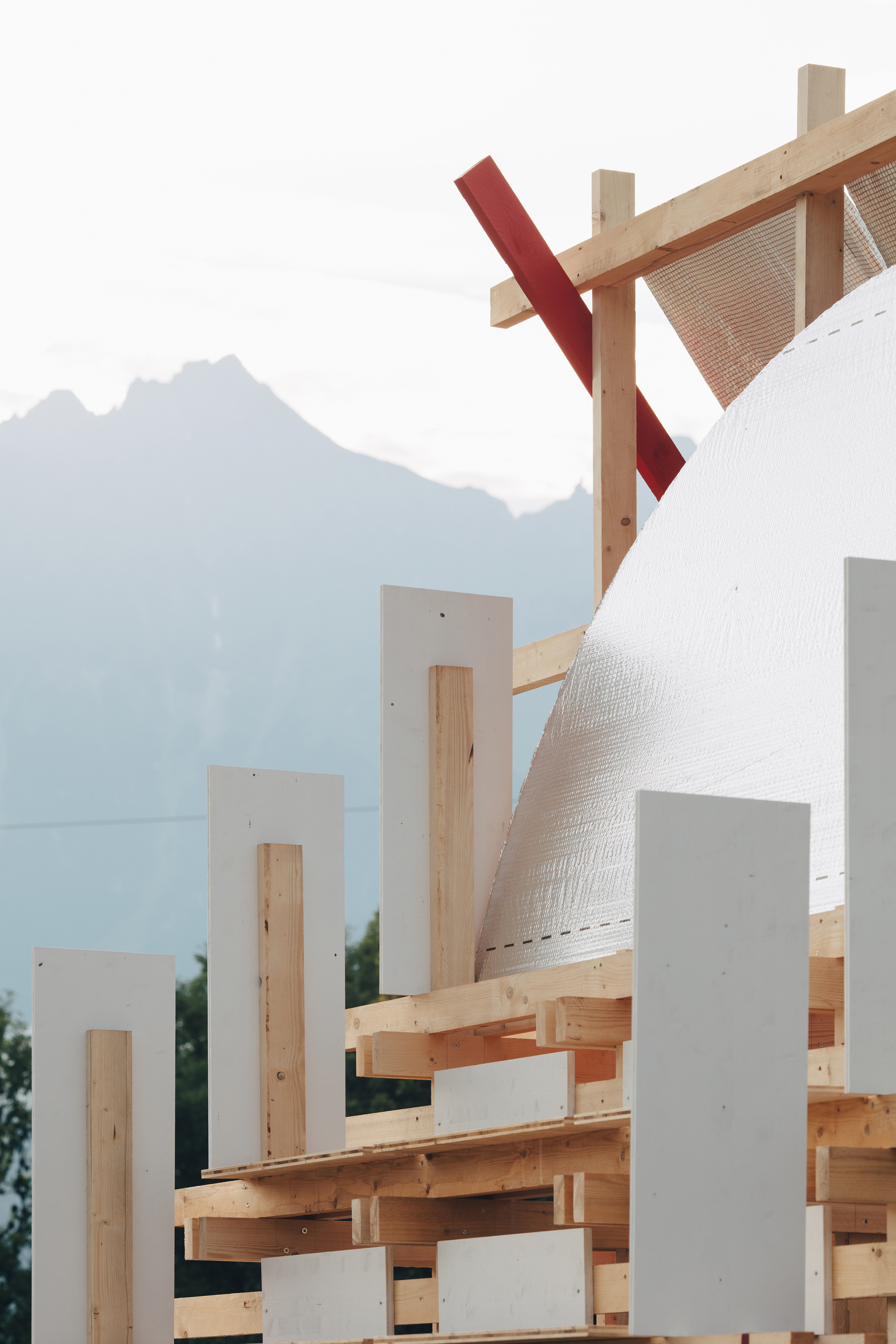 Close-up of white panels, timber slats and the quilted dome surface beneath a red brace, with a hazy peak behind