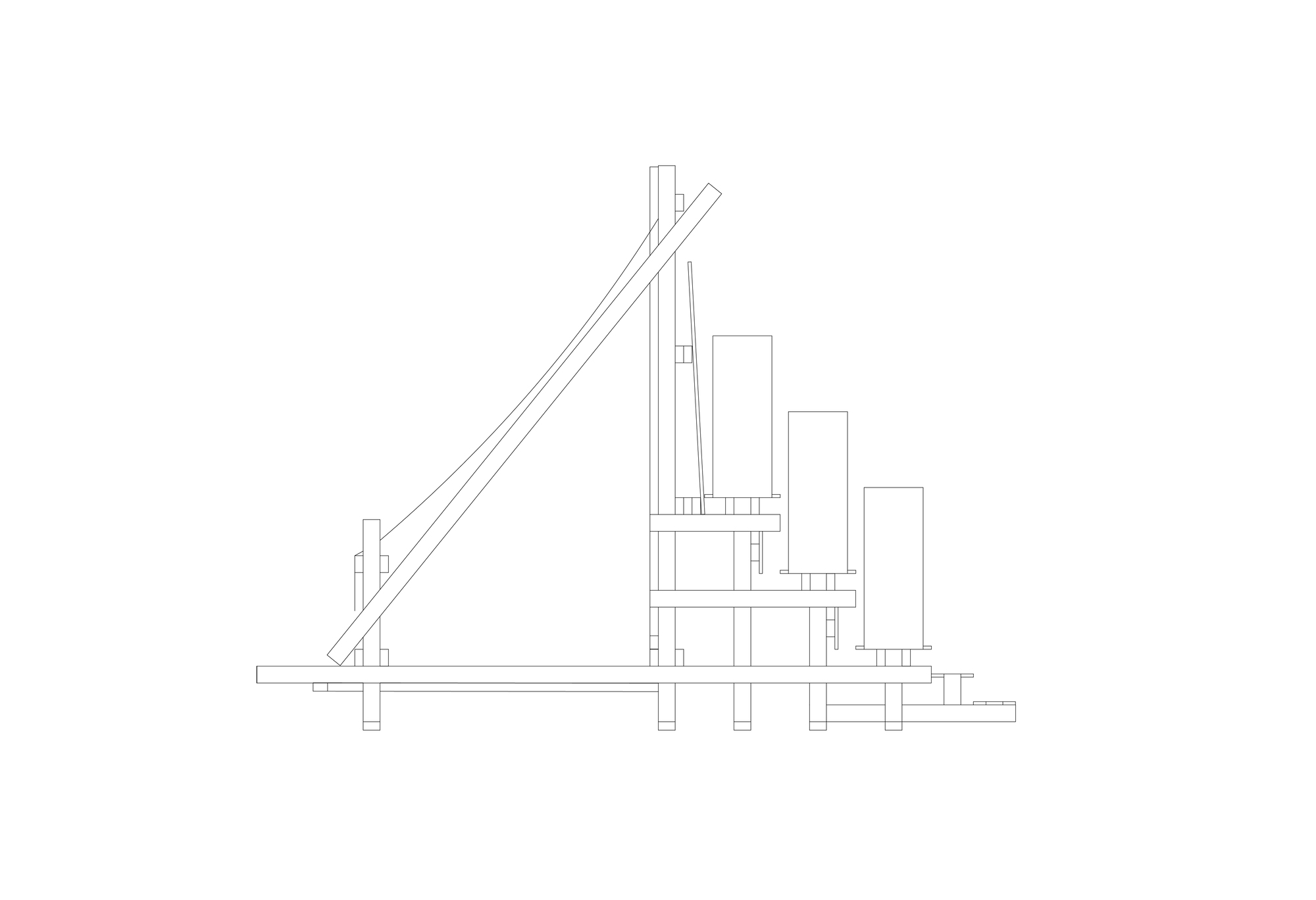 Elevation line drawing of a timber frame with a long diagonal brace and three stepped cylindrical volumes on platforms