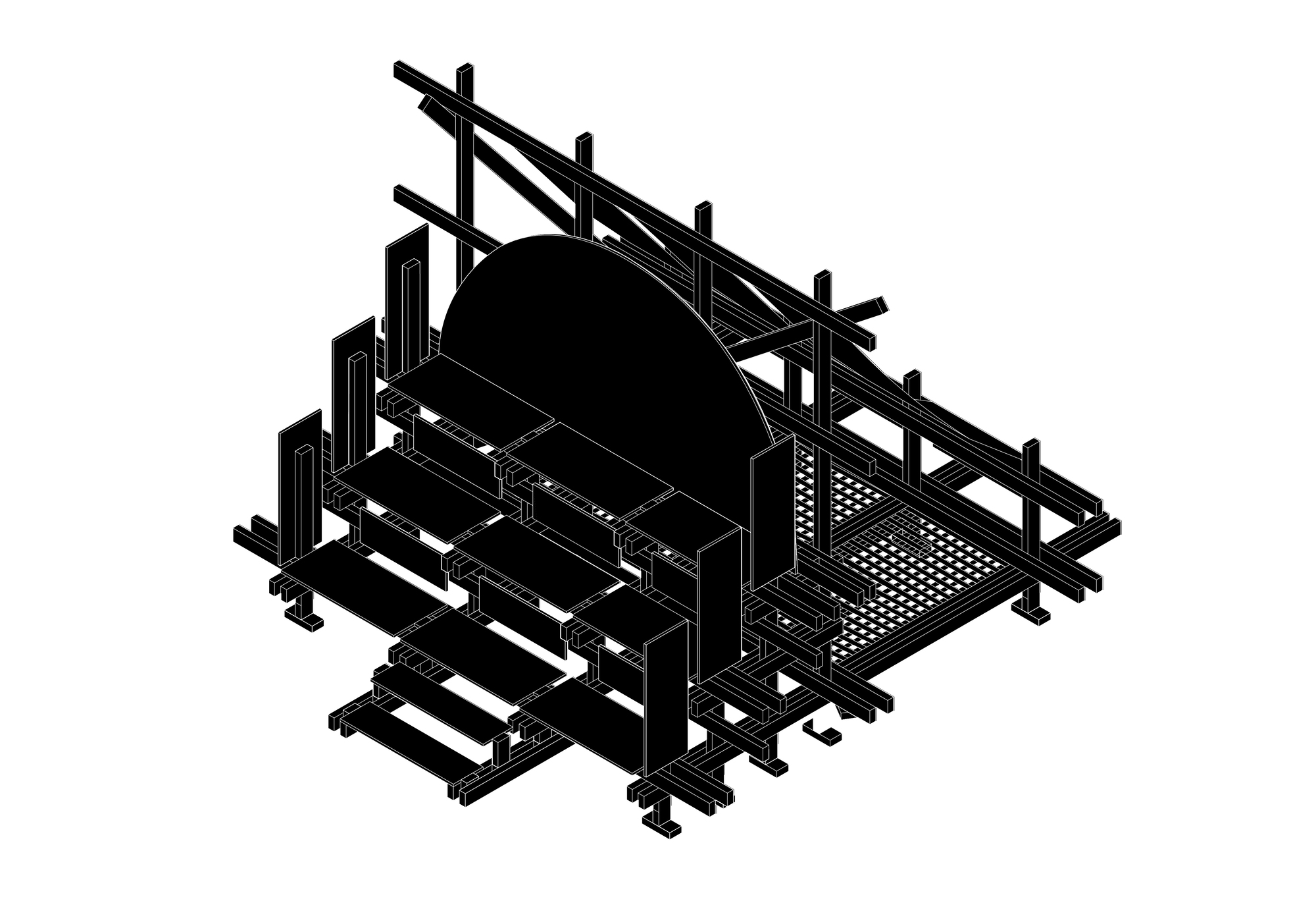 Black axonometric drawing of a stepped seating platform with a semicircular backdrop, slatted floor and diagonal timber members