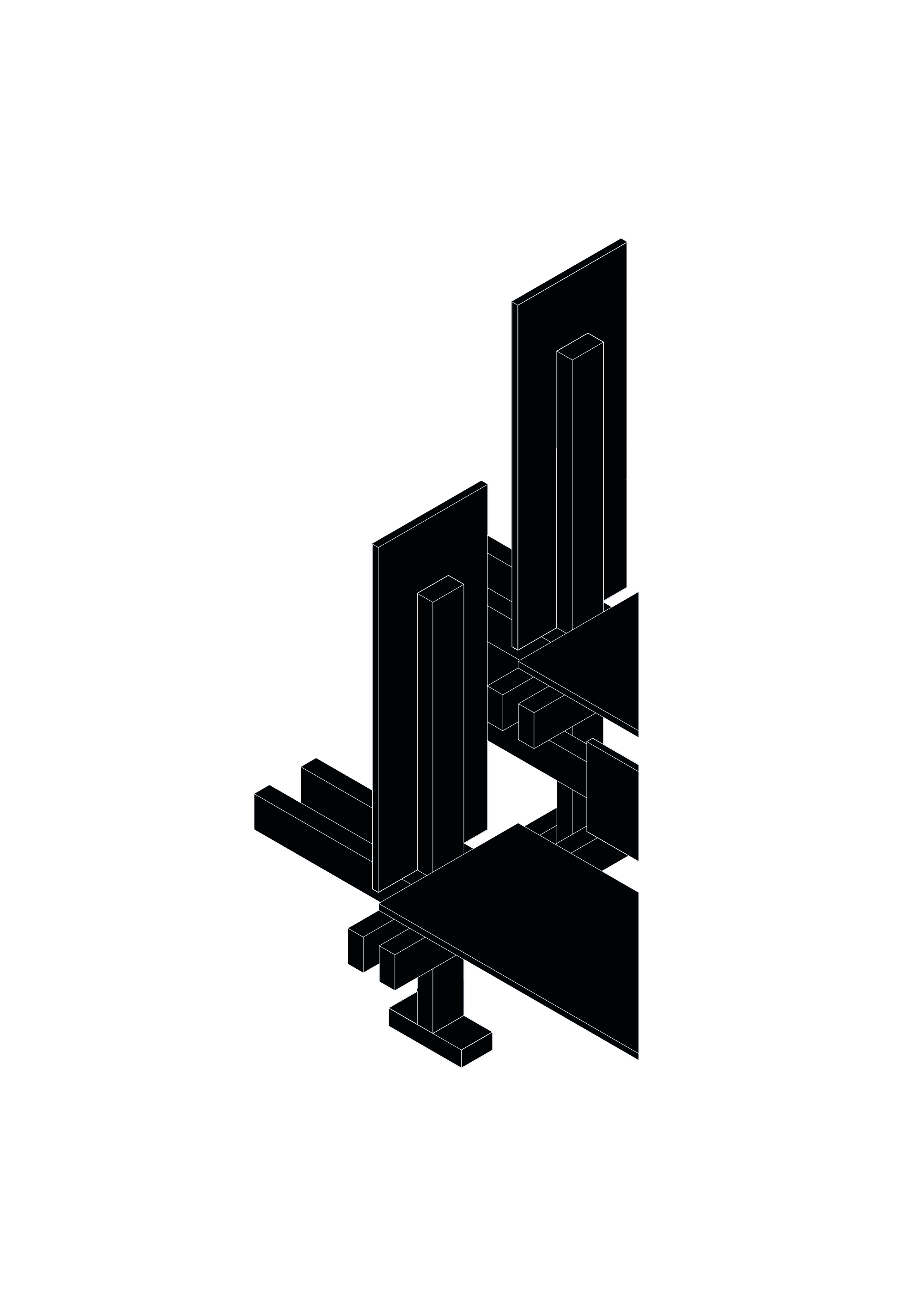Isometric drawing detail of two tall vertical panels with slender posts joined to horizontal slabs and a small footing