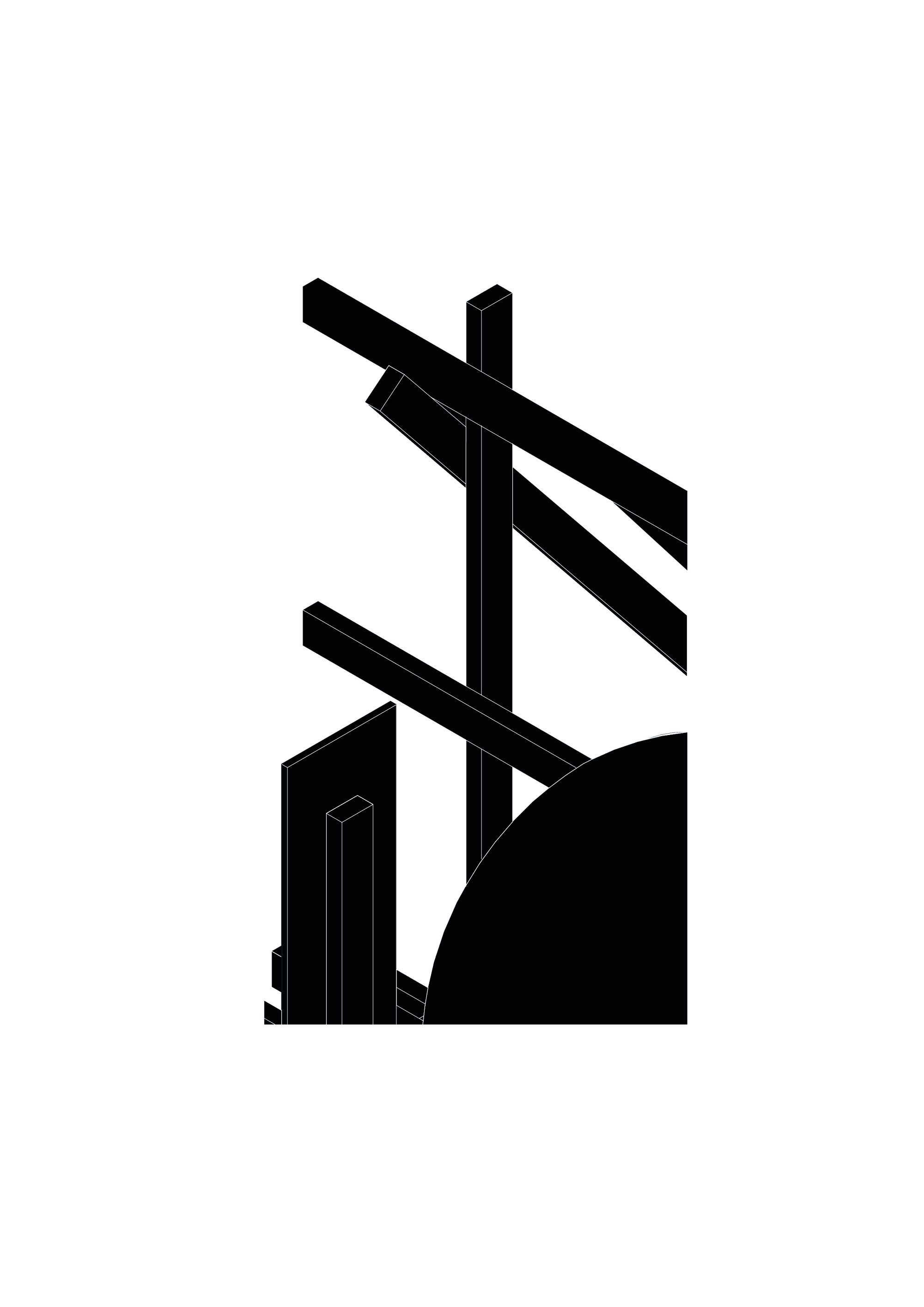 Axonometric detail drawing of crossing diagonal beams, a vertical post and the curved edge of a semicircular panel