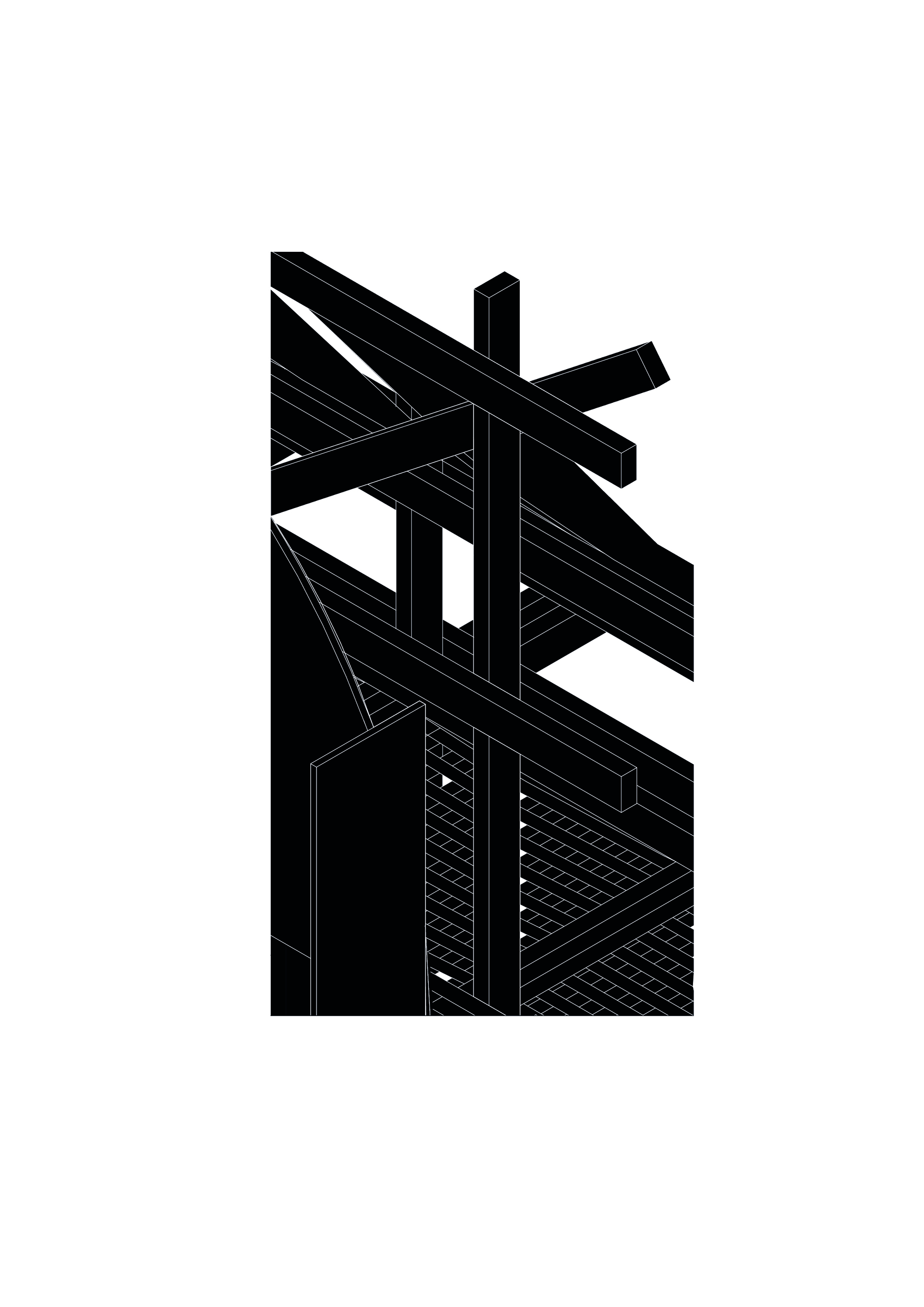 Axonometric detail drawing of overlapping roof beams and a vertical post above a gridded floor and a tall panel