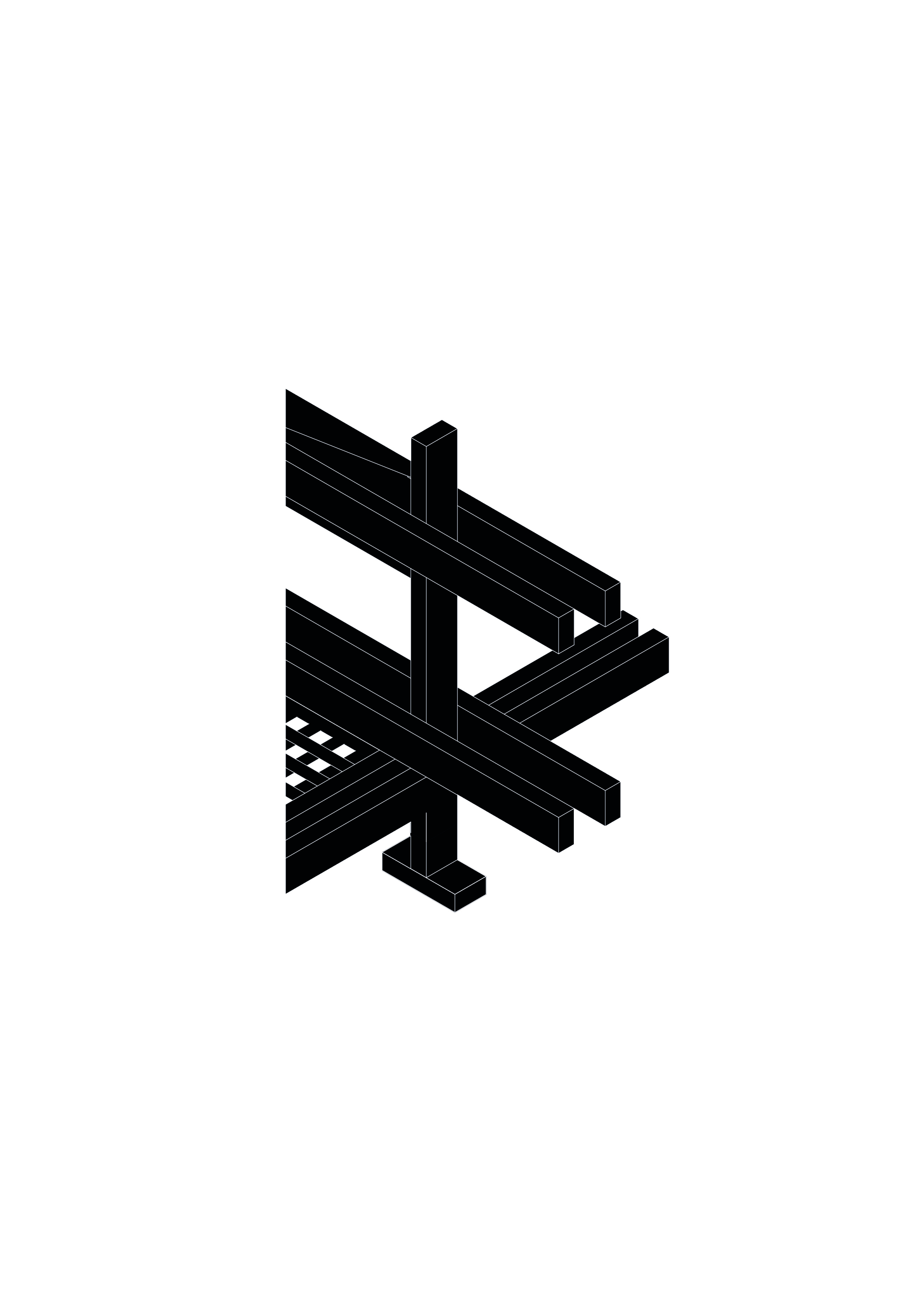 Isometric drawing of black timber-like beams crossing a vertical post, with a small lattice panel at the lower left