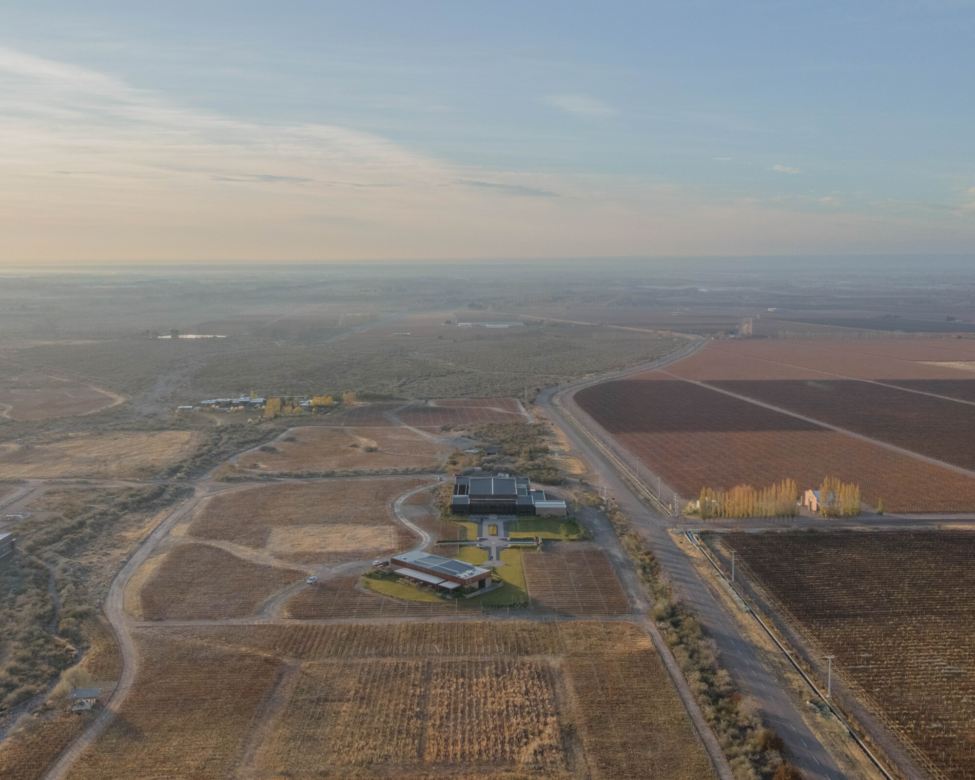 Aerial view of two roofed buildings and a green courtyard among vineyard plots and dirt roads at dusk