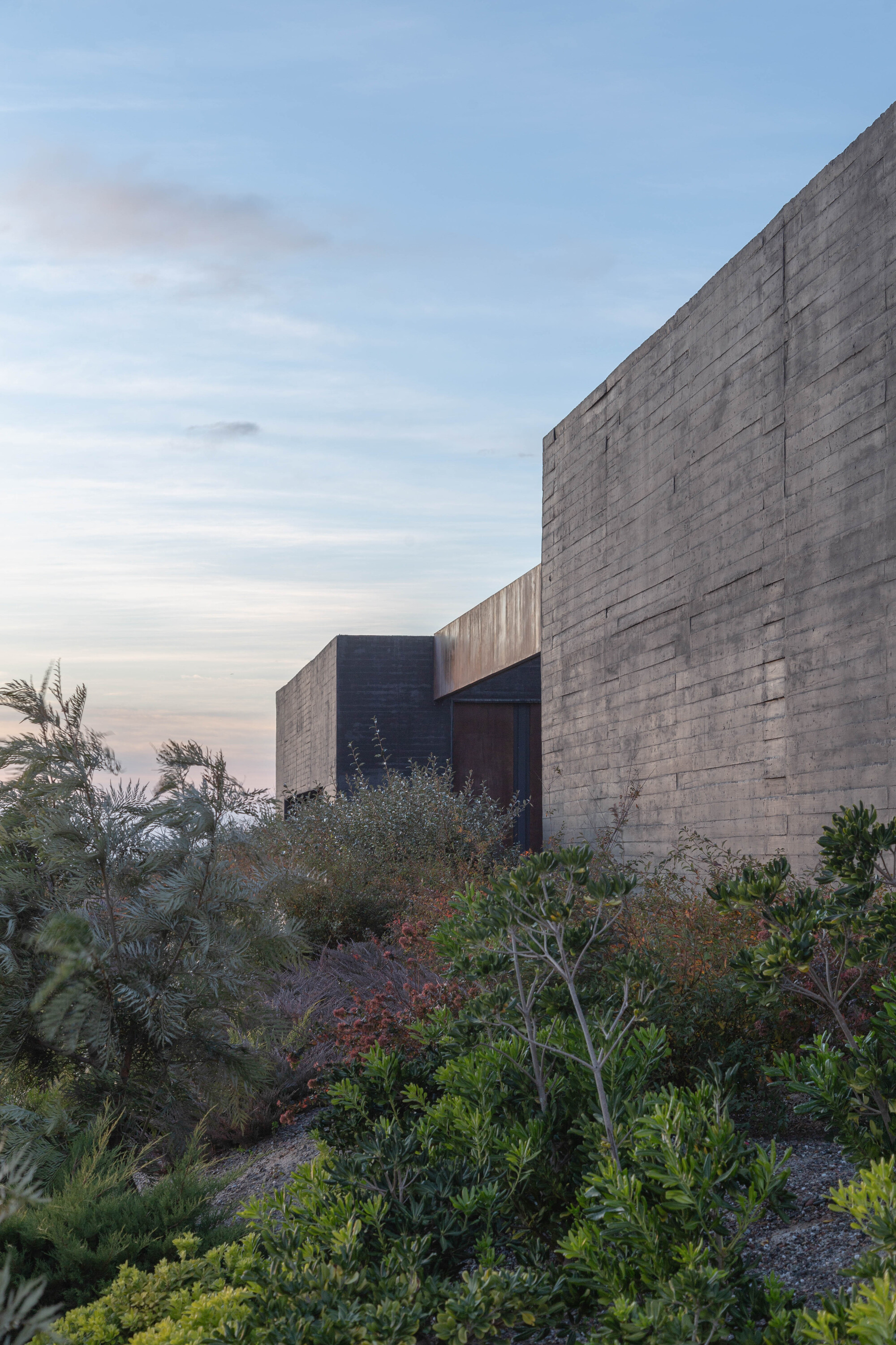 Board-formed concrete wall and rust-toned steel door among native shrubs at dusk, with pale pink clouds above