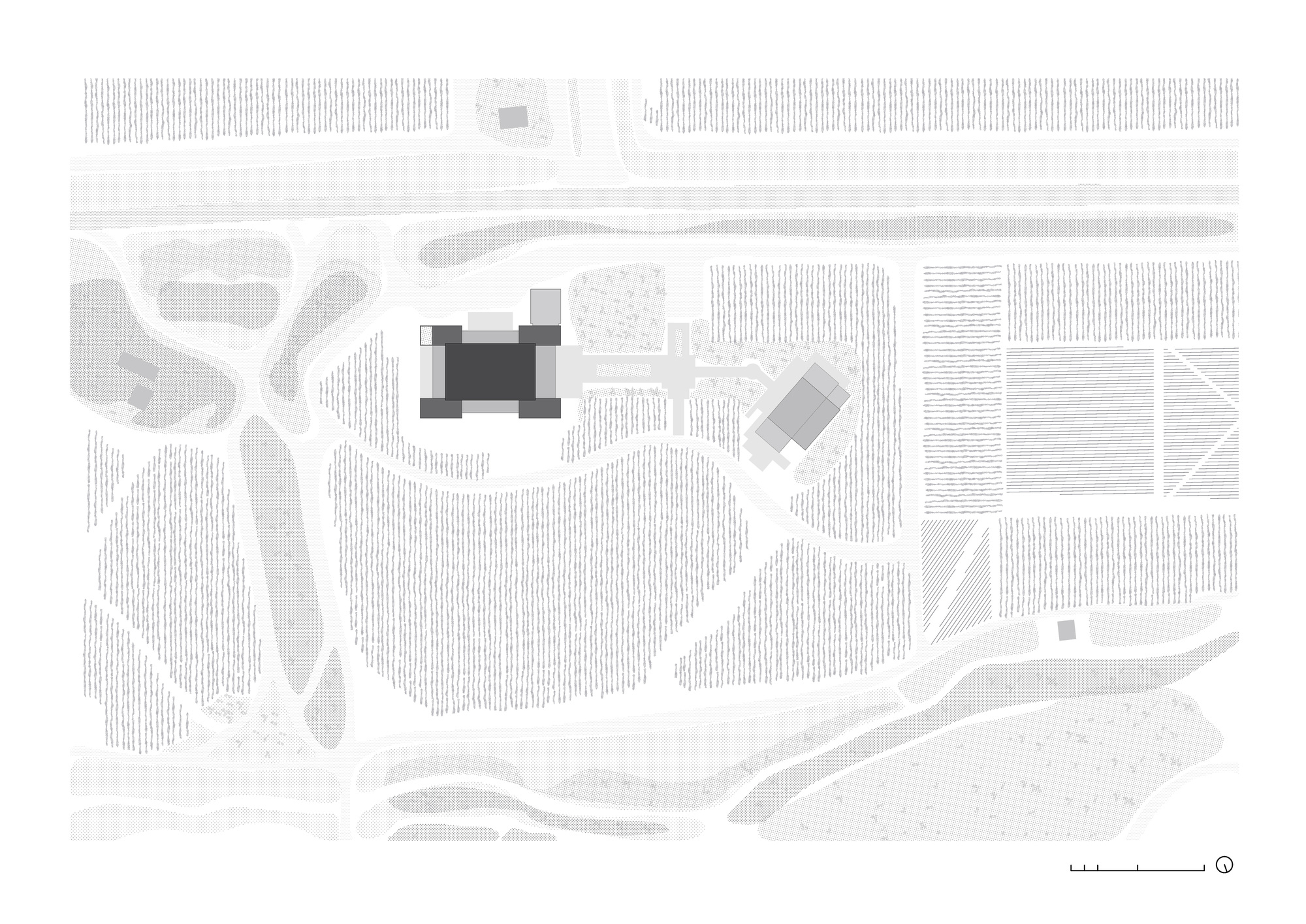 Site plan drawing showing the main building and a smaller outbuilding set among vineyard rows, roads and planted bands