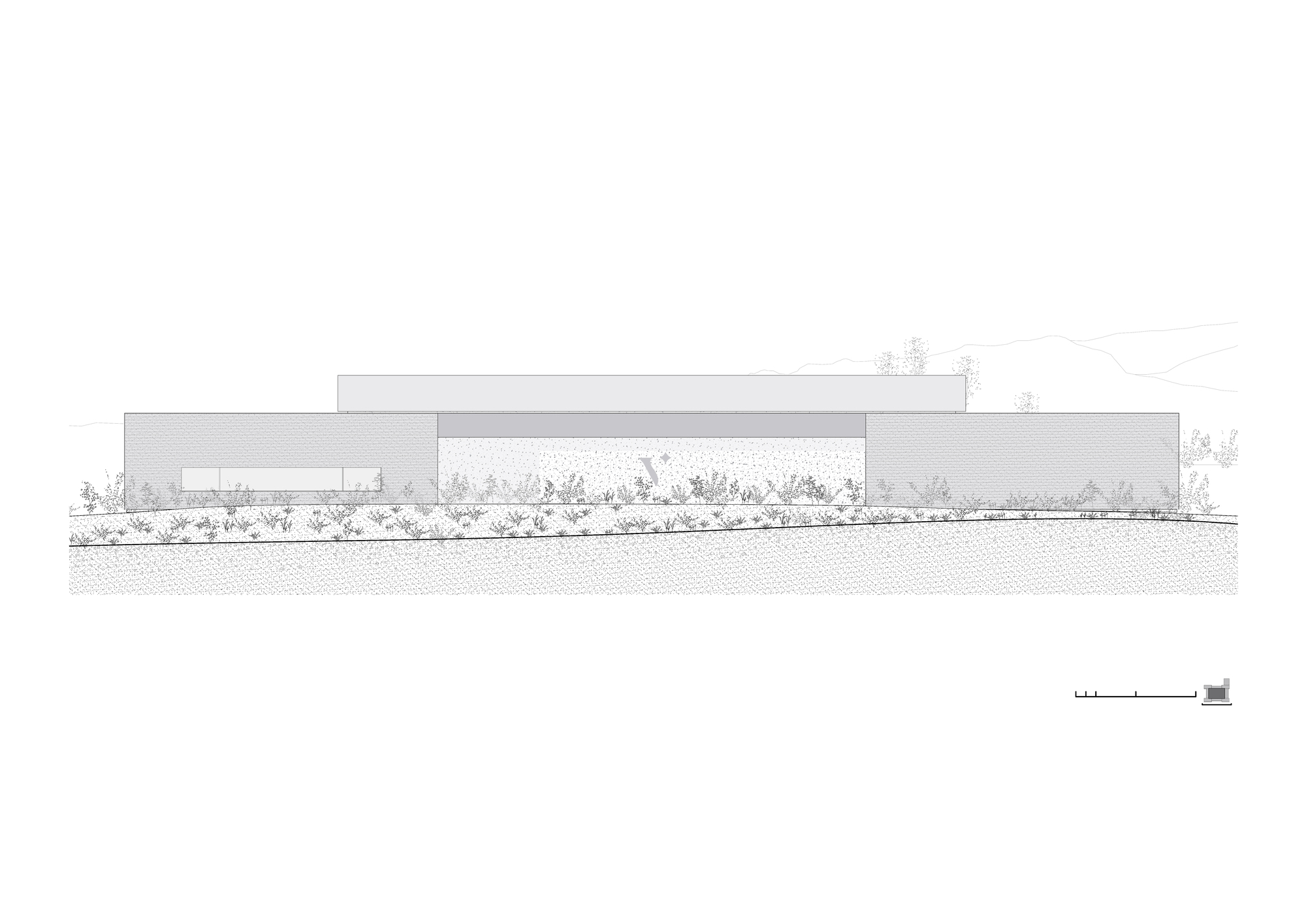 Elevation drawing of a long low building with a raised upper volume, glazed opening and planting along a sloping ground line