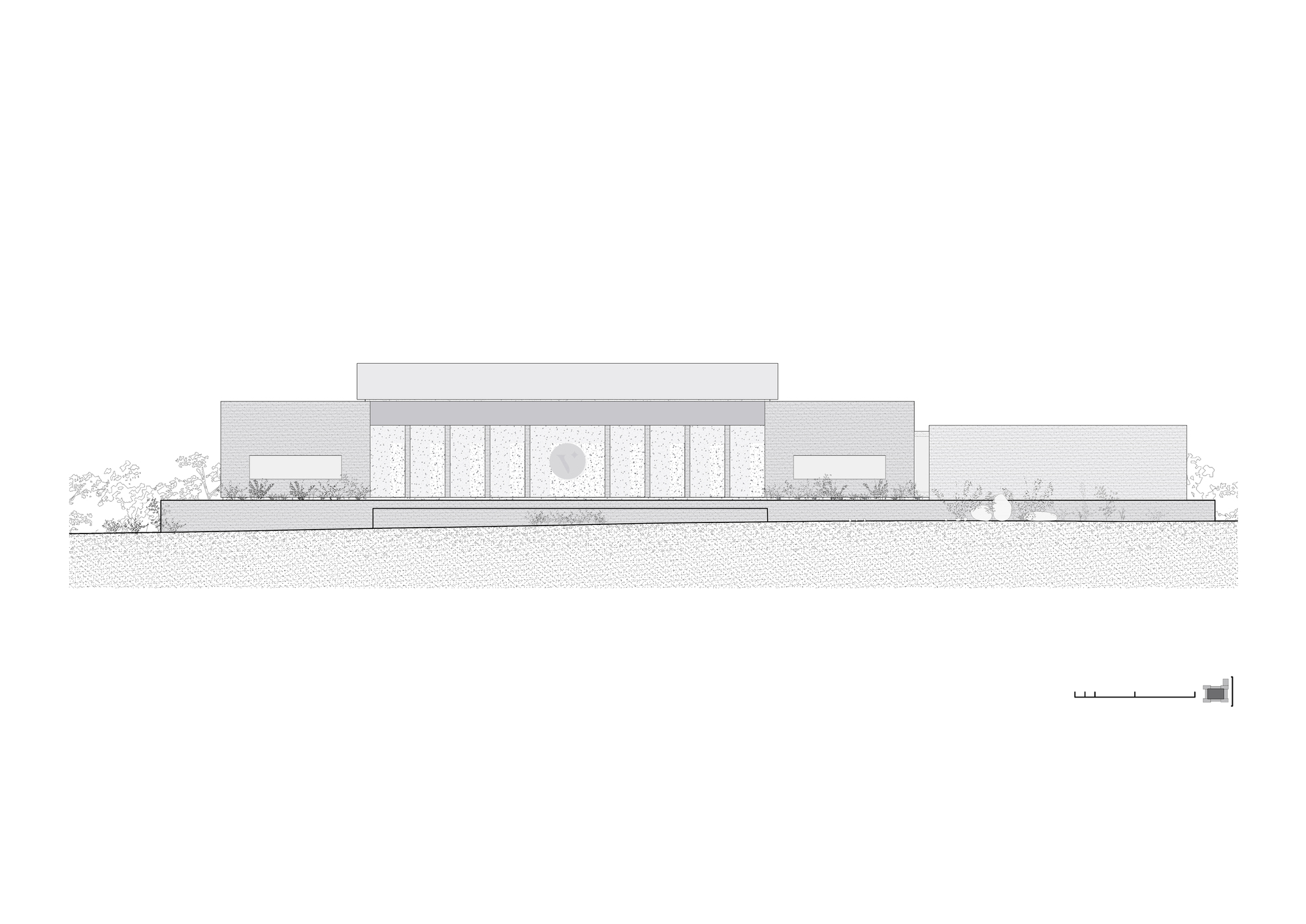 Front elevation drawing showing a colonnade of tall glazed bays with a central round emblem, flanked by solid wings and a raised base