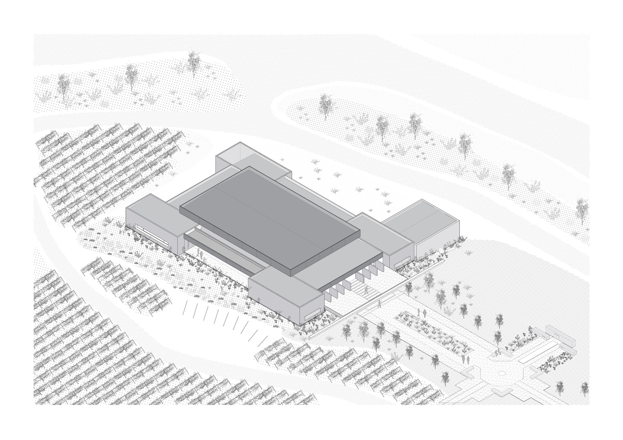 Axonometric drawing of a low courtyard-style building with a large flat roof, surrounded by rows of solar panels and planted paths