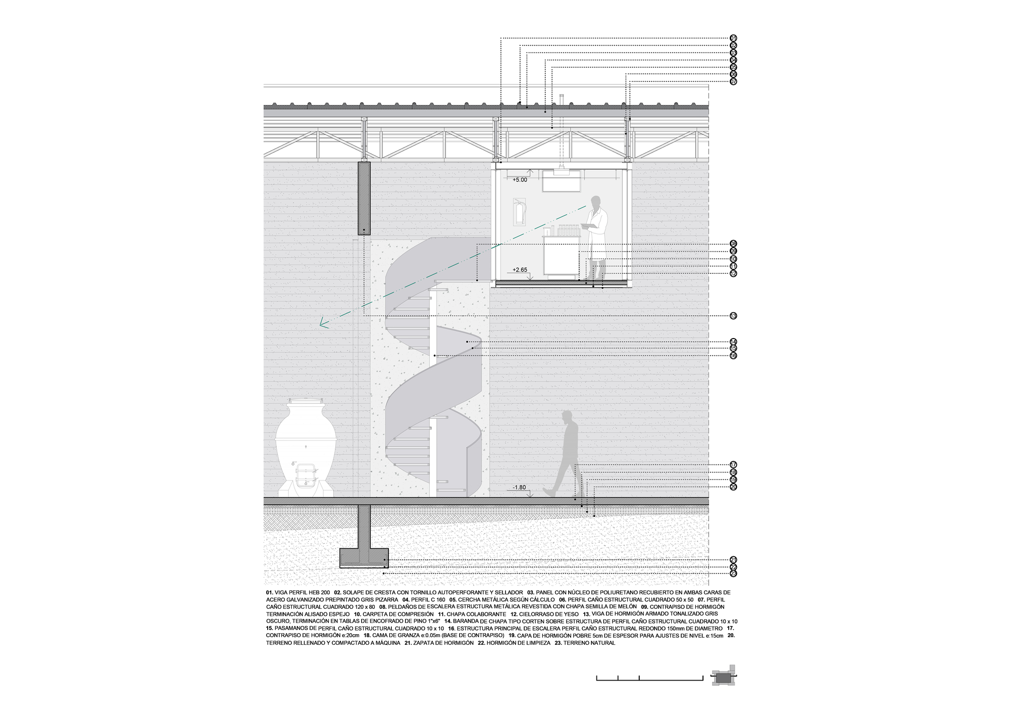 Section drawing showing a spiral stair beside a clay amphora, with a figure walking below and a technician in a raised lab room