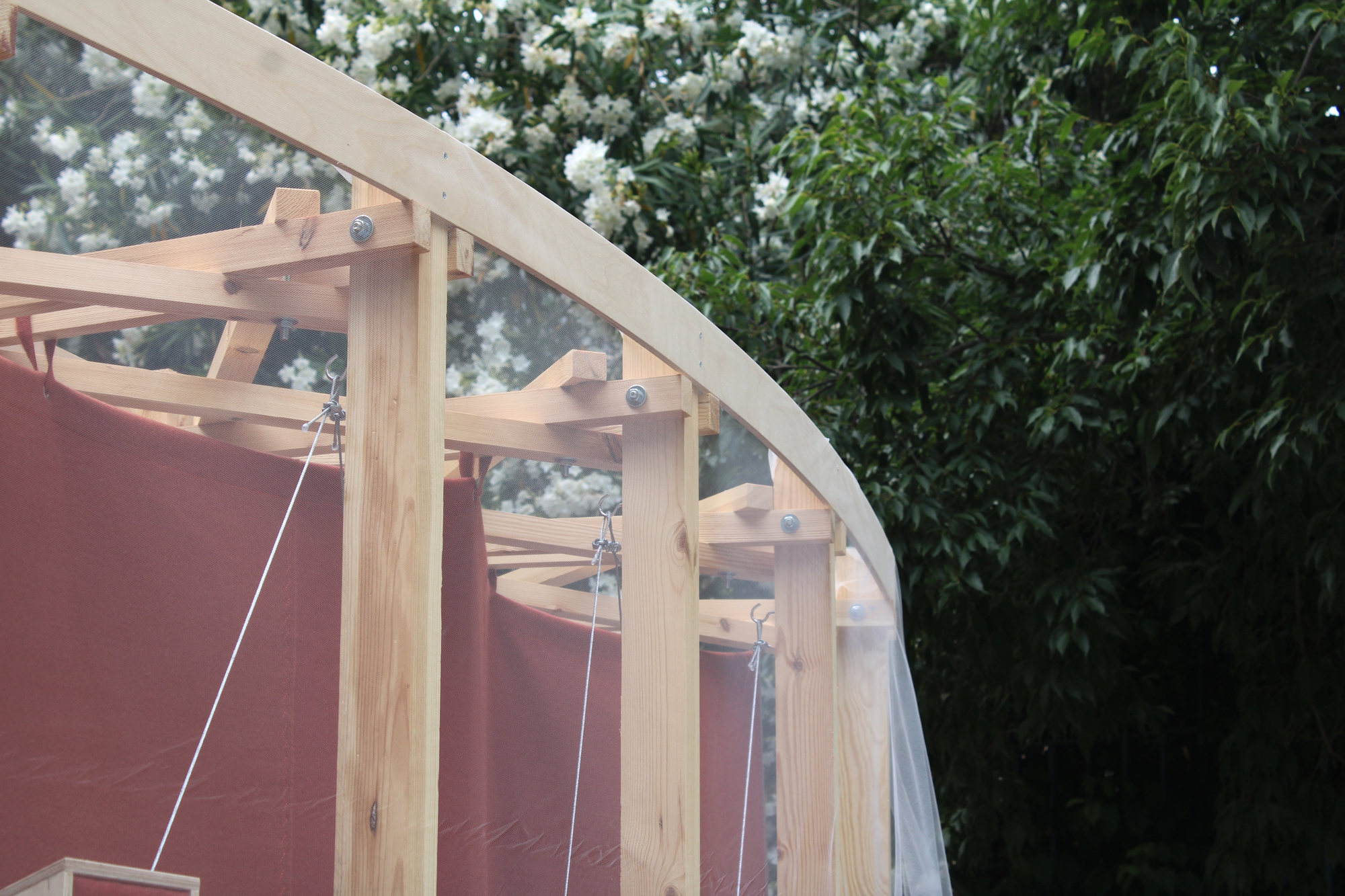 Curved timber roof rib and bolted joints with tensioned cables and red fabric, set against white blossom and dense green foliage