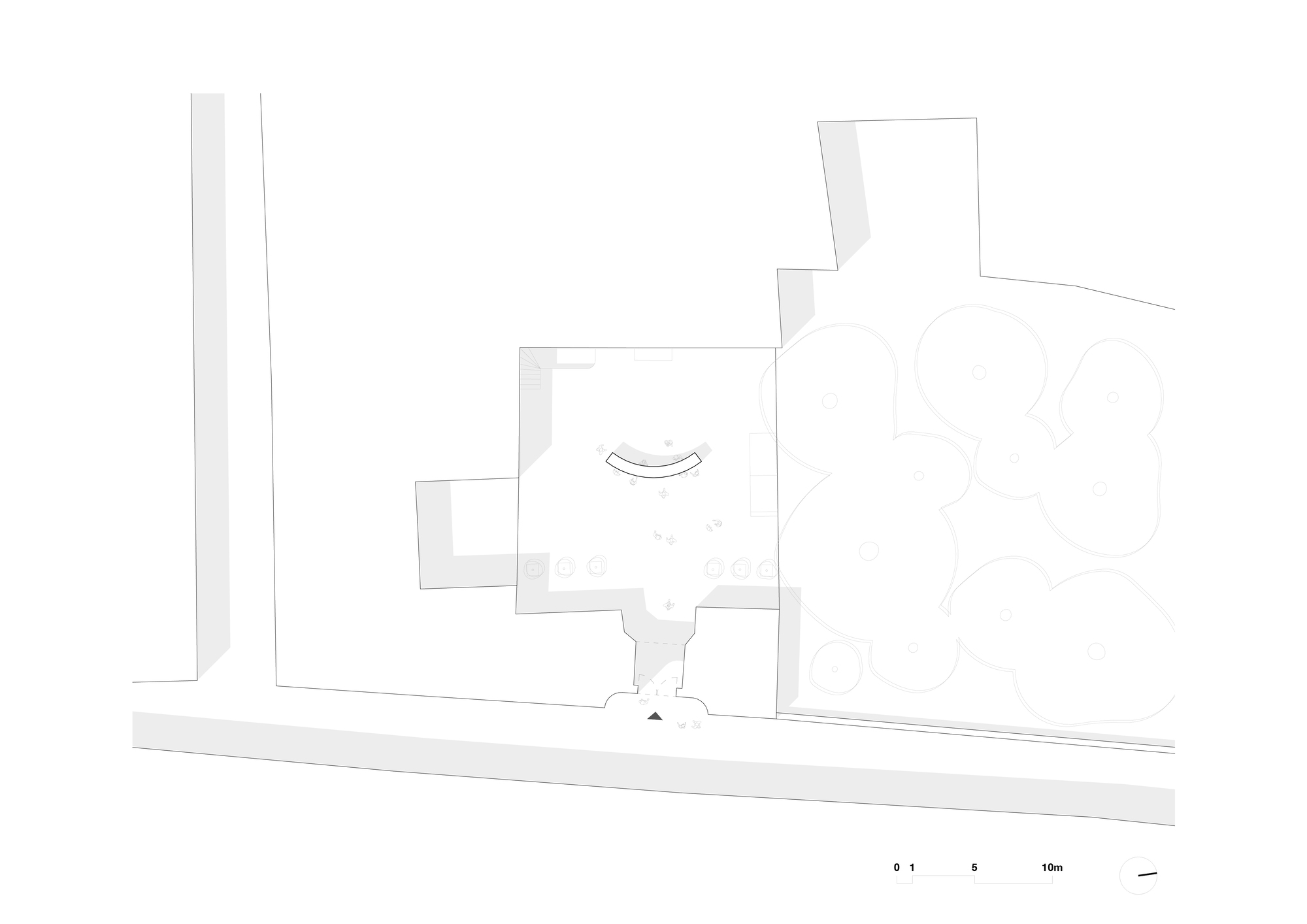 Site plan drawing showing a small curved bench element inside a square courtyard beside a street and a cluster of round tree canopies