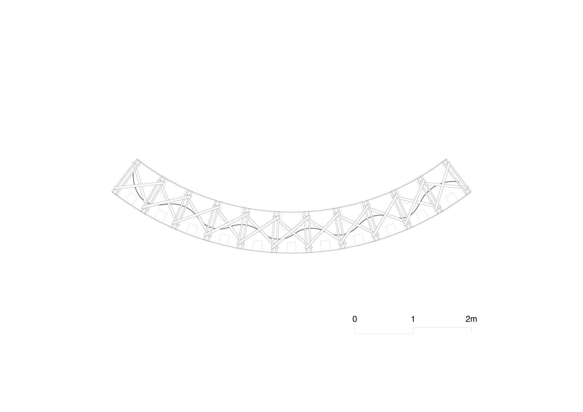 Plan drawing of a curved timber frame with crossed diagonal bracing and a wavy line running along its length
