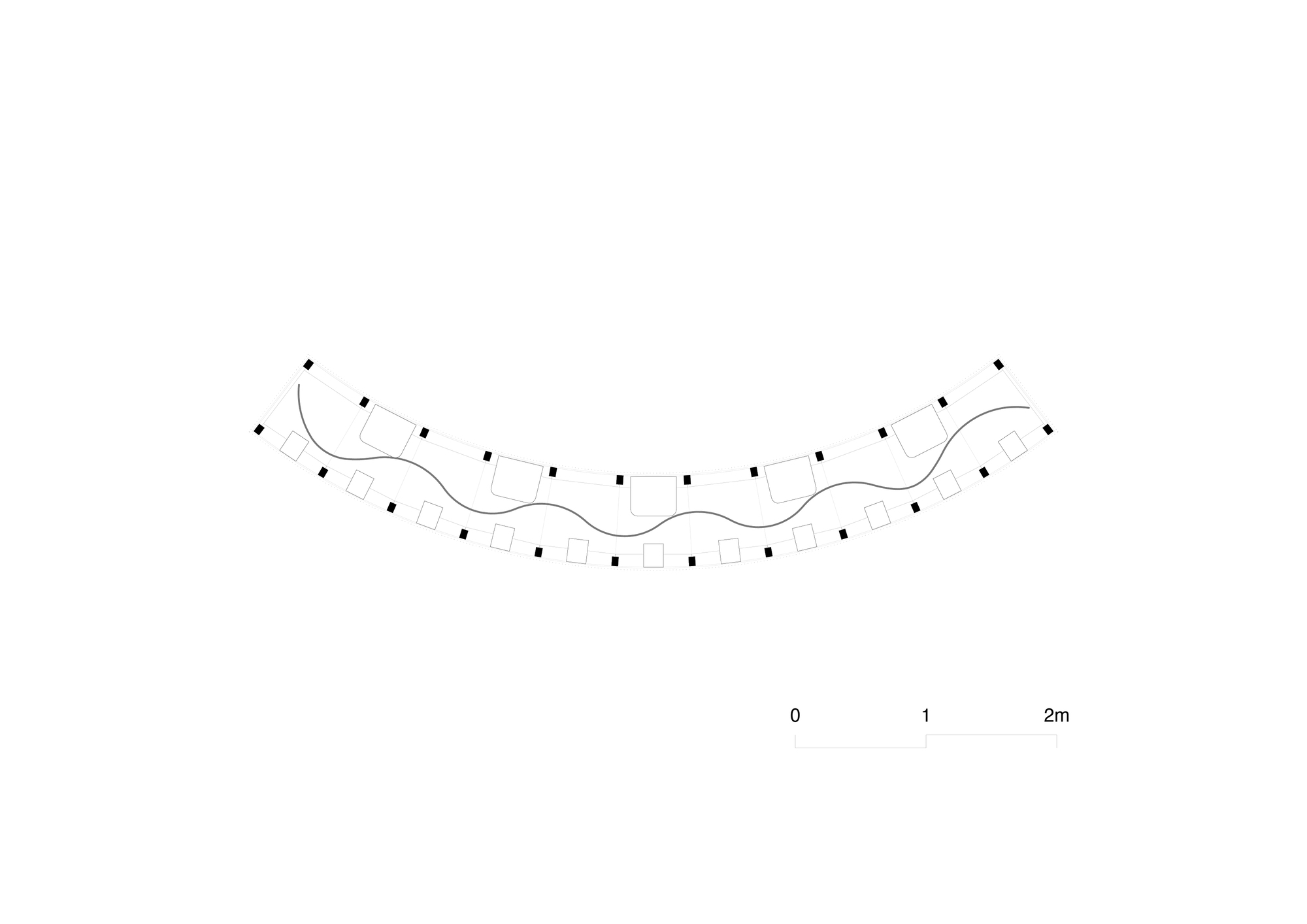 Plan drawing of a curved band with two rows of black column squares and a wavy dividing line between small box outlines