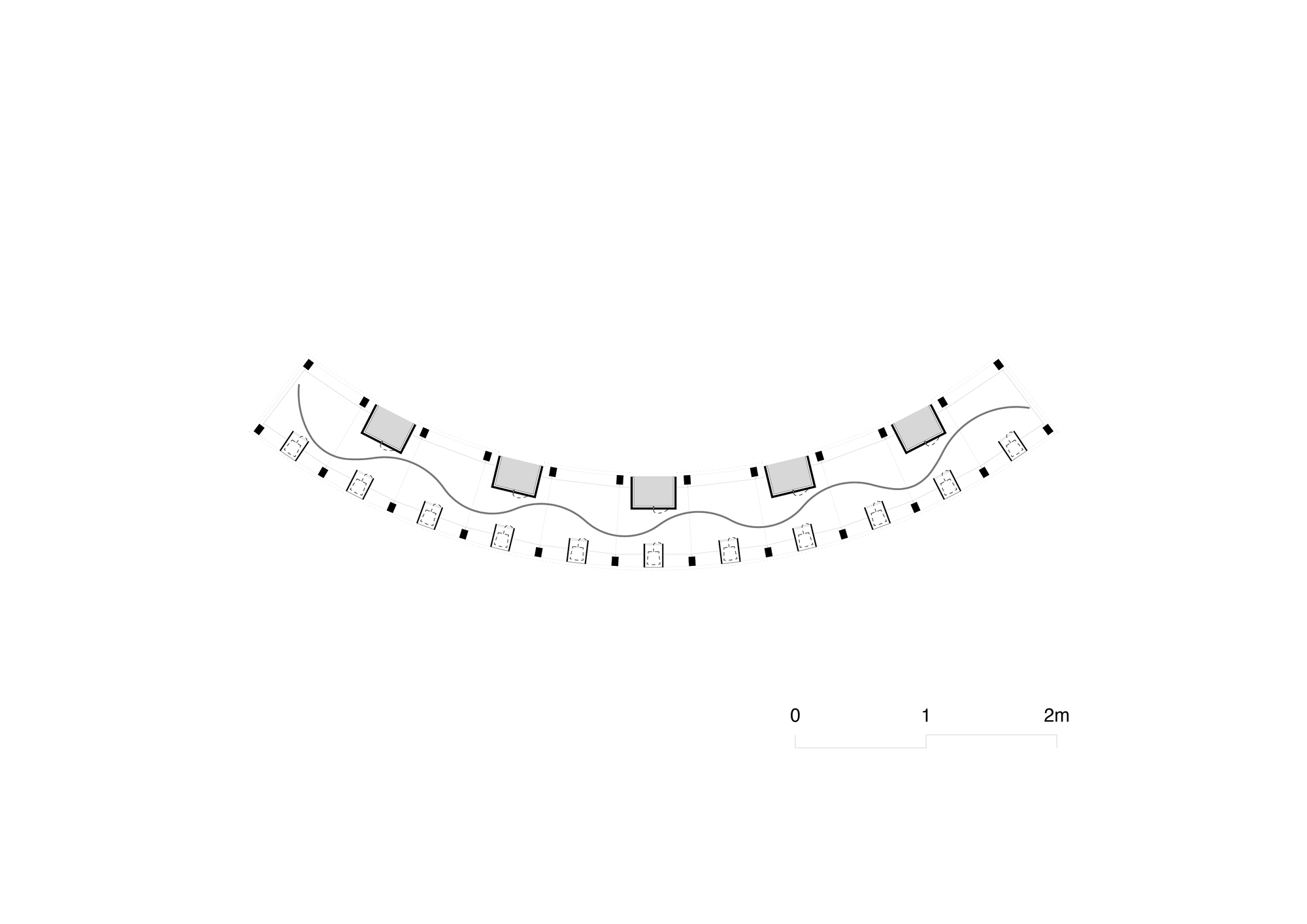 Plan drawing of the curved band with shaded boxes along the inner edge and smaller box outlines along the outer row