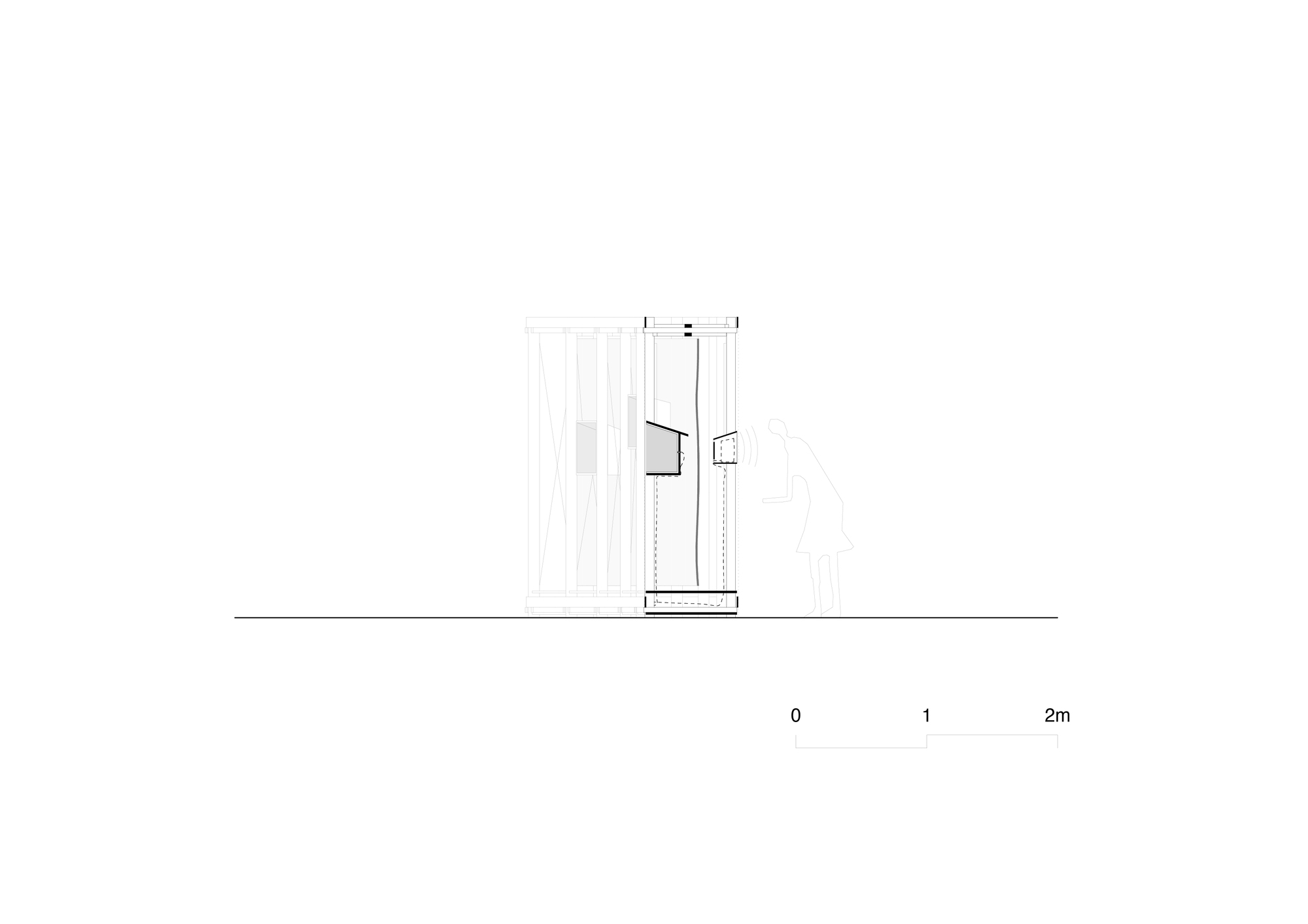 Section drawing of a tall narrow timber frame with small boxes mounted on it, a standing figure leaning in to look at one