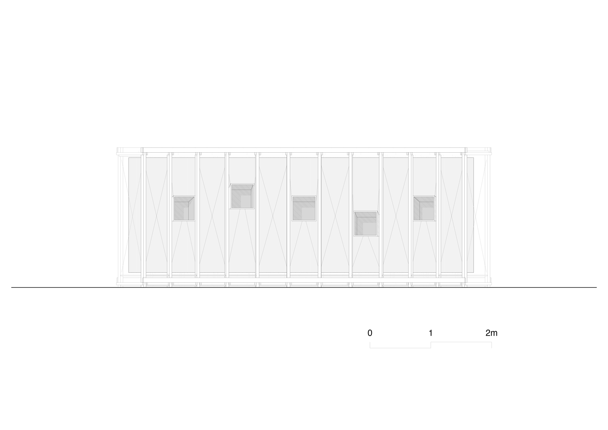 Elevation drawing of a long timber-framed pavilion with diagonal bracing and five small square window boxes set at staggered heights