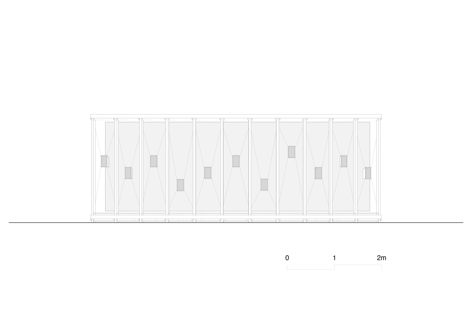 Elevation drawing of the opposite pavilion side with ten bracketed bays and small rectangular openings placed at alternating heights