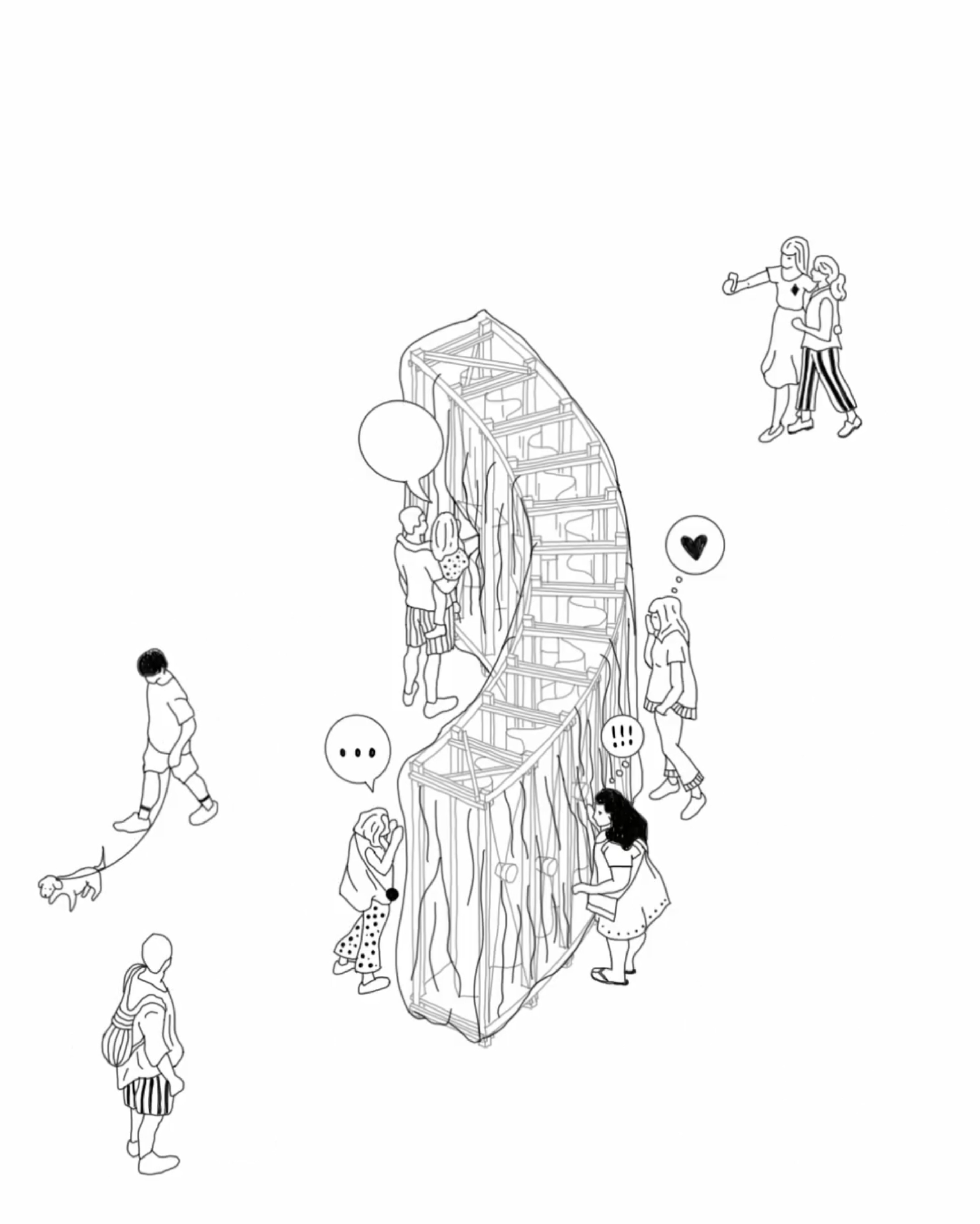 Axonometric sketch of a curved timber-framed tower draped in fabric, with people, a dog and speech bubbles gathered around it