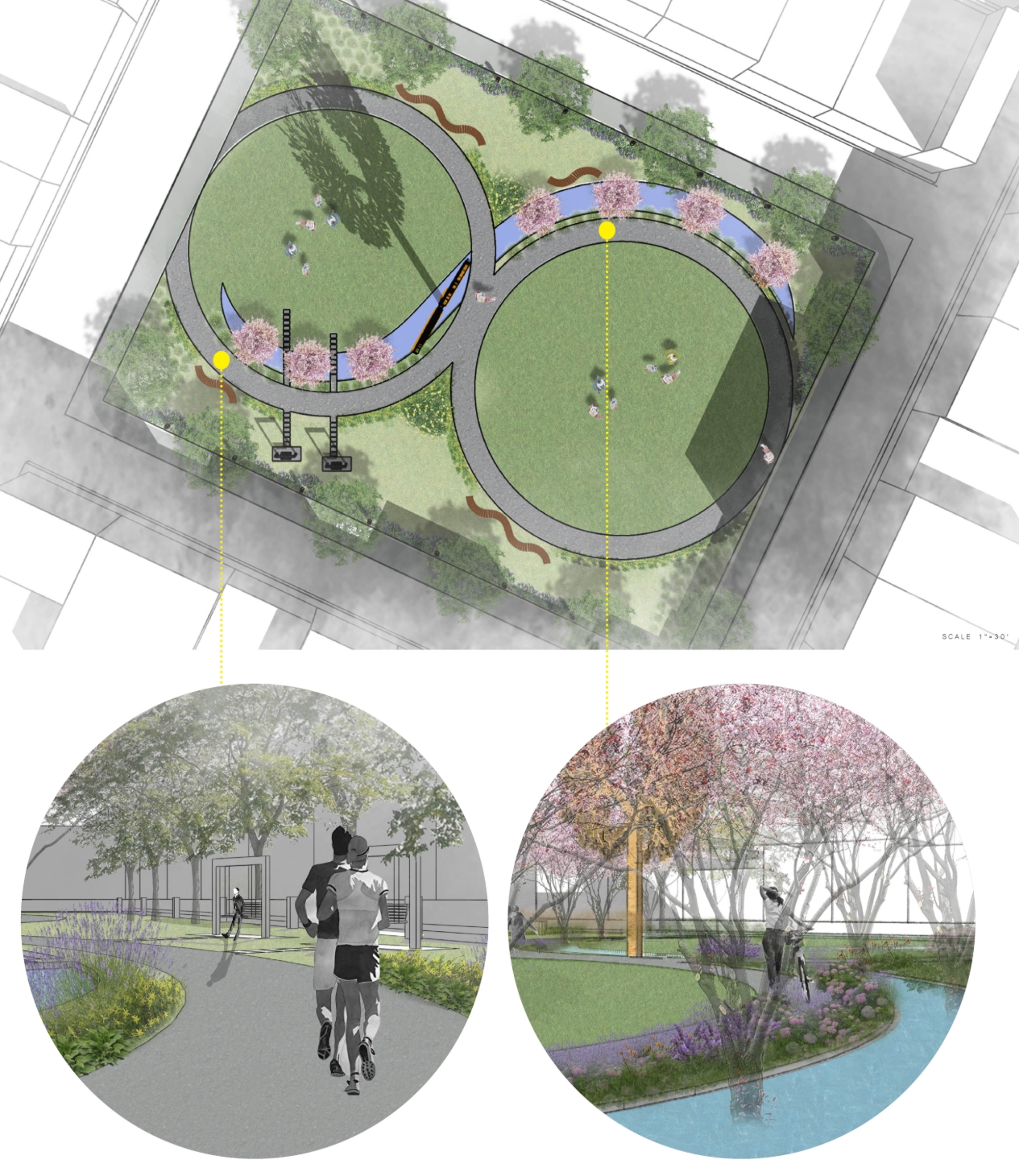 Aerial plan rendering of a figure-eight path around two lawns, with a stream, pink blossom trees and two circular inset views below. Image: elyana javaheri