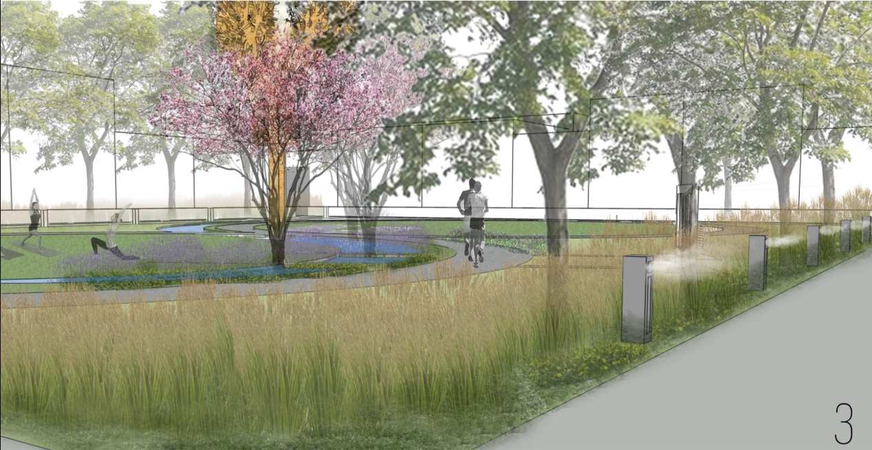 Rendered view of tall golden grasses beside a path, with joggers, yoga practitioners and a flowering tree near a pond in soft haze. Image: elyana javaheri
