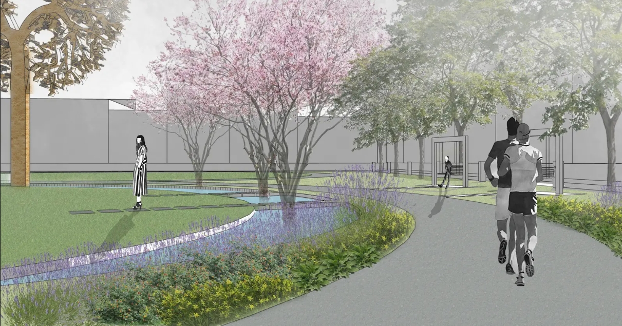 Rendered view of two joggers on a curving path beside lavender and yellow plantings, with a pink flowering tree and a standing figure. Image: elyana javaheri