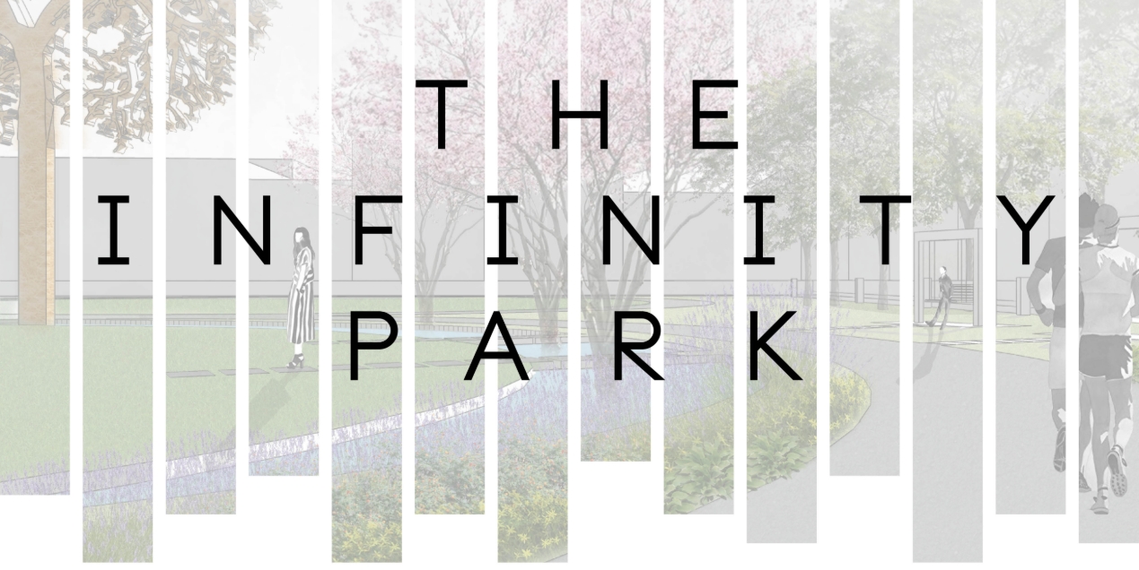 Title graphic with vertical strips over a rendering of a flowering tree, a walking figure and joggers on a park path. Image: elyana javaheri