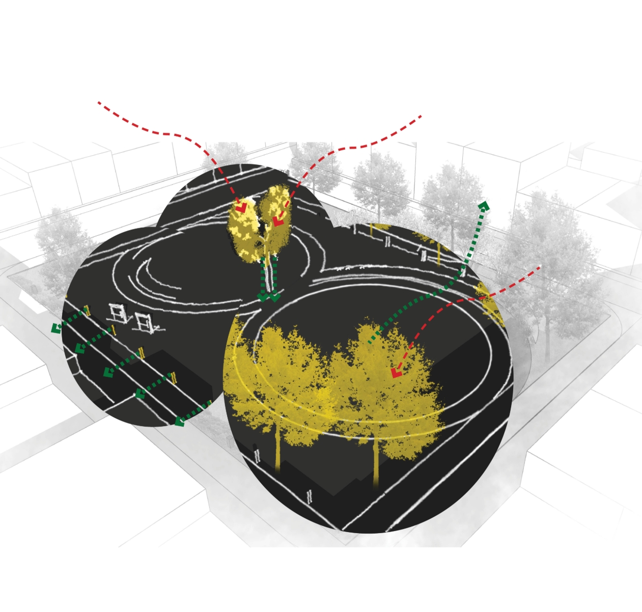 Axonometric diagram of three overlapping circular park zones with yellow trees and dashed red and green arrows tracing movement and airflow. Image: elyana javaheri