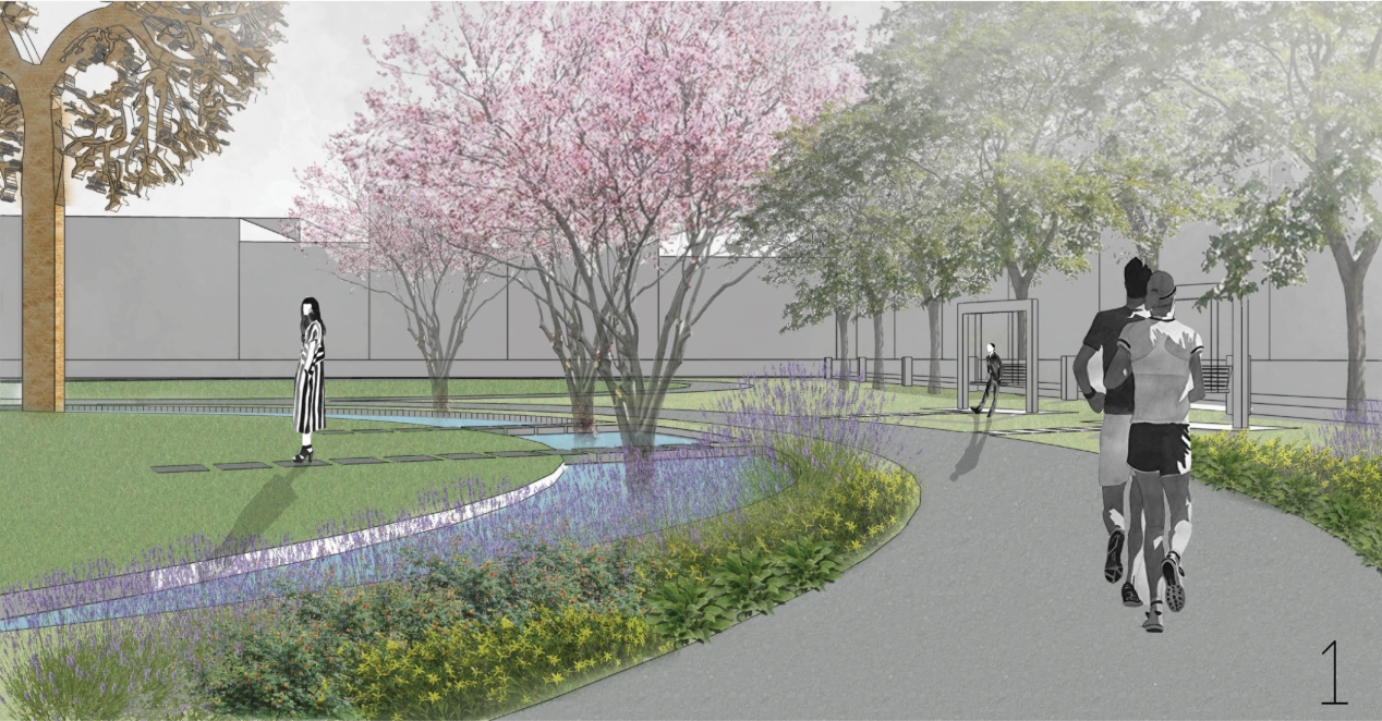 Rendering of a curving path with two joggers passing a pink flowering tree, lavender beds and a shallow water channel. Image: elyana javaheri