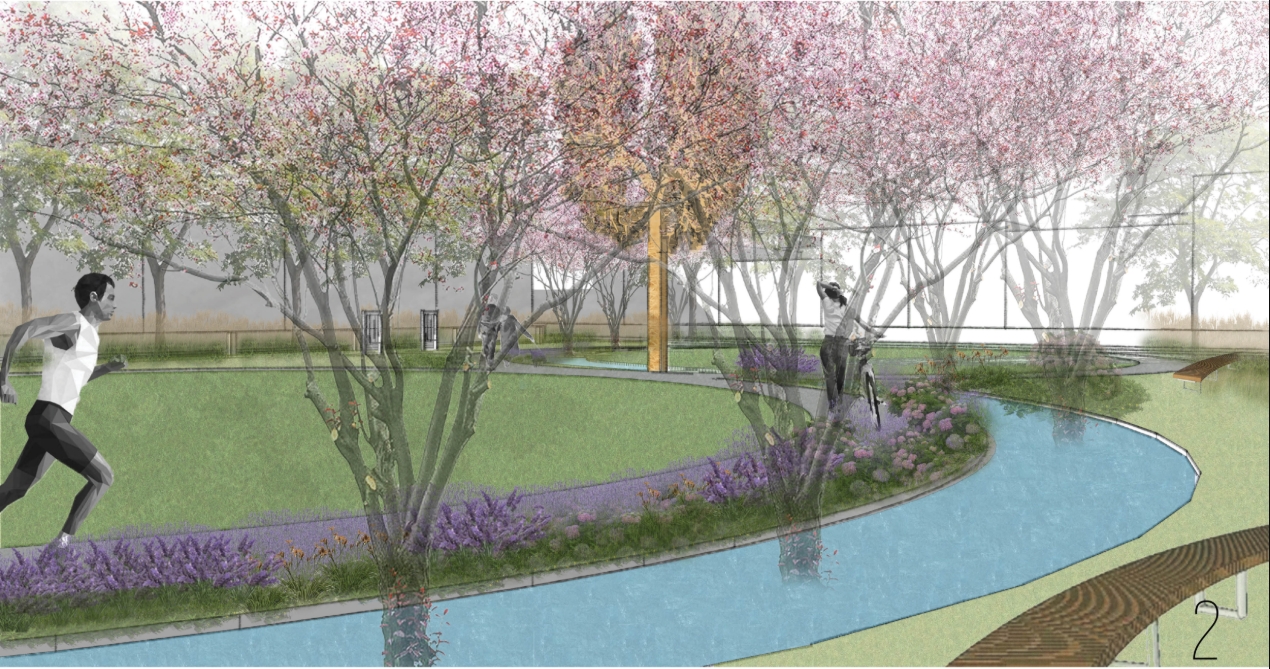 Rendering of a runner and a cyclist beside a curving blue water channel under pink blossoming trees and purple planting. Image: elyana javaheri