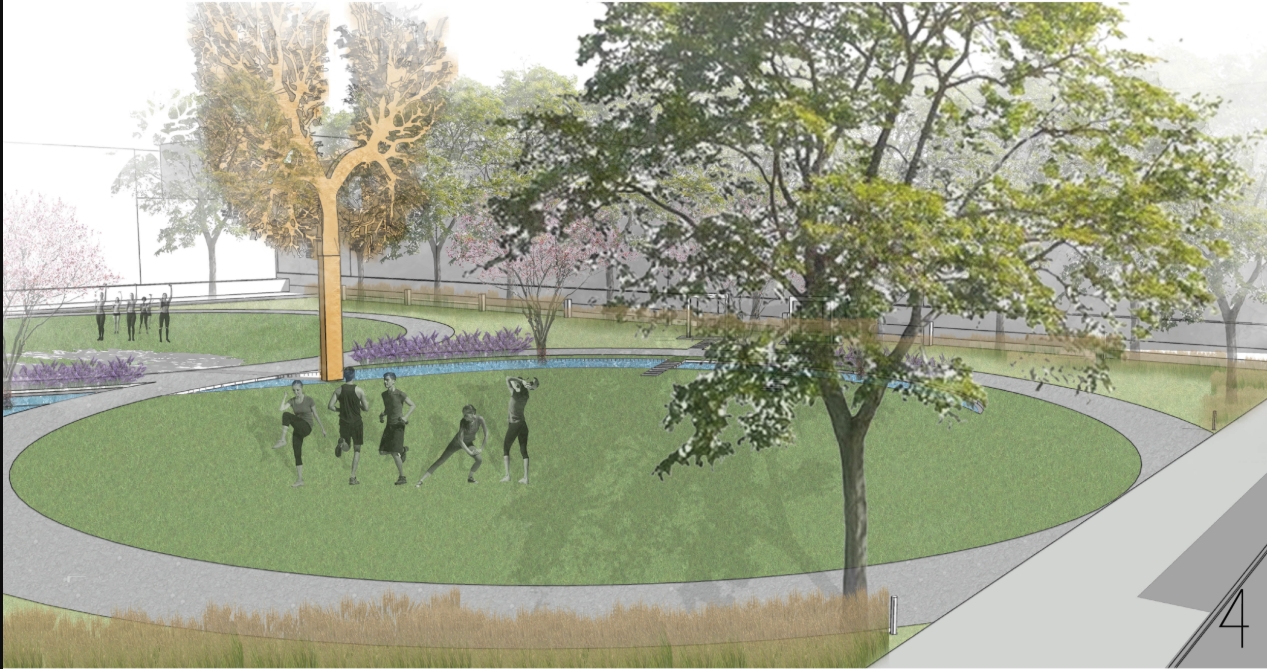 Rendering of a circular lawn where a group stretches, ringed by a path, lavender beds and a large leafy tree. Image: elyana javaheri