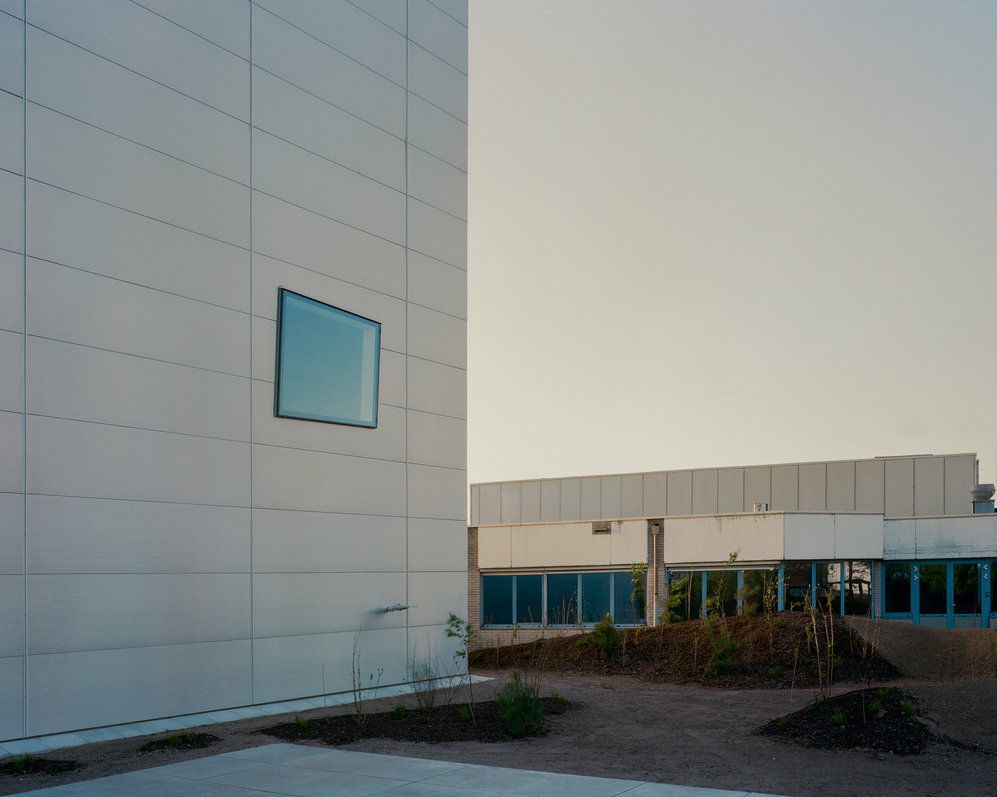 Corner of the panelled volume with its tilted window, facing a low older building across a planted soil bed at dusk
