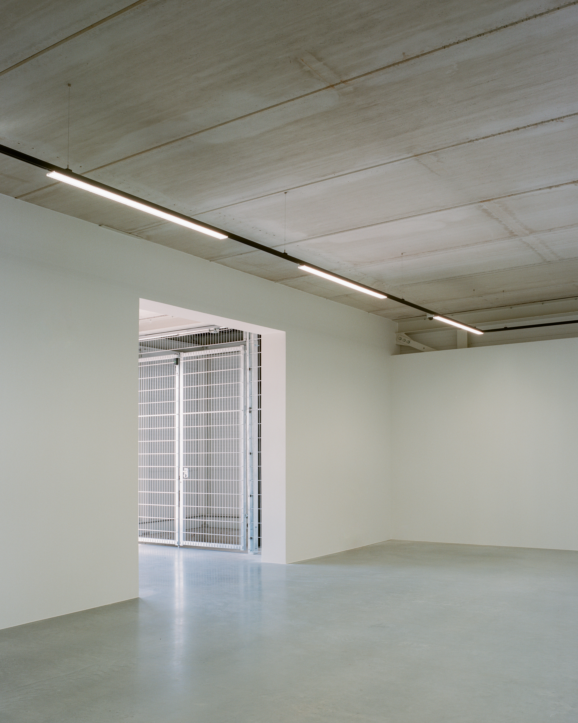White gallery room with a concrete ceiling and linear light fixtures, a wide opening leading to a steel mesh gate
