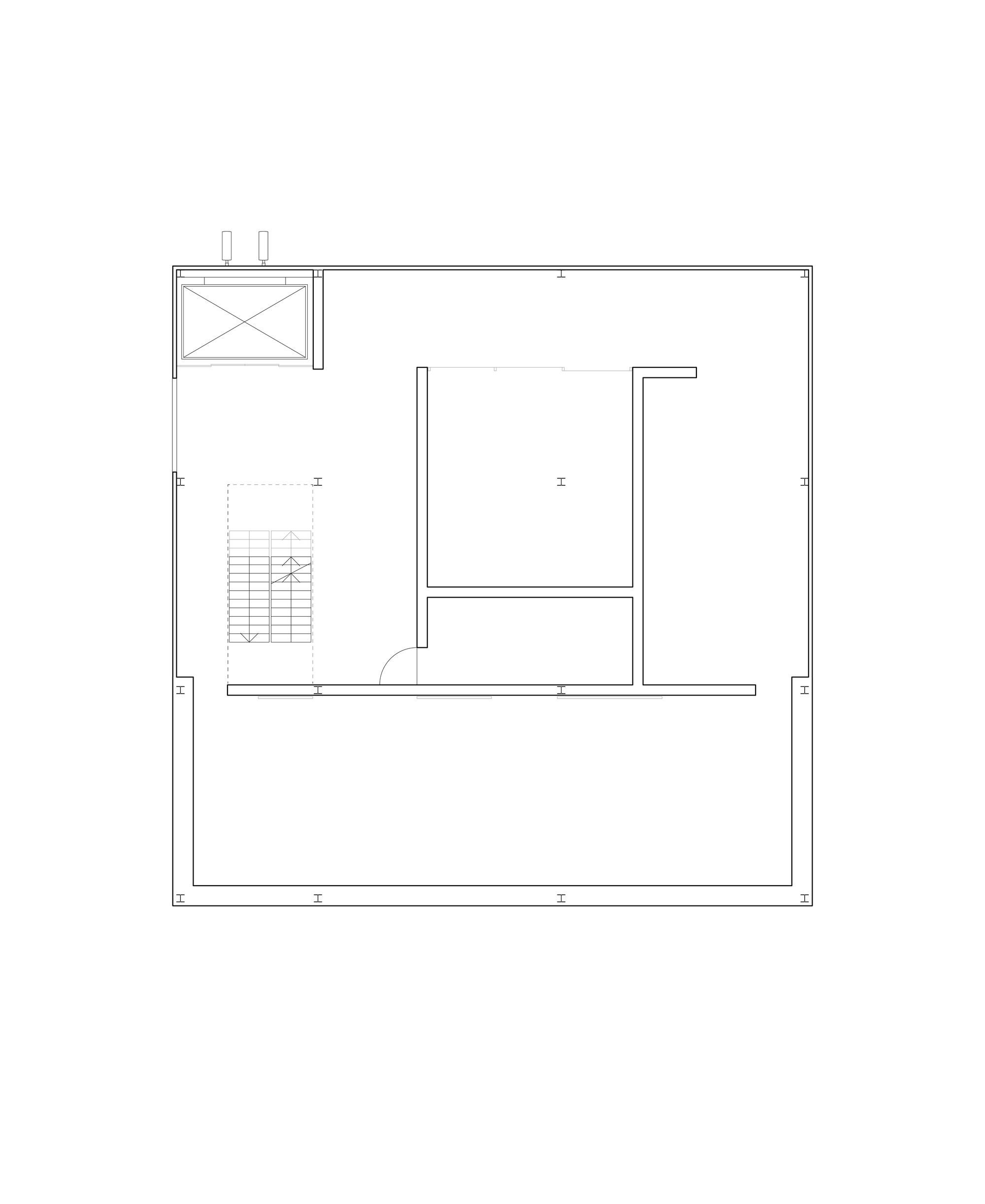 Floor plan drawing of a square level with a stair, a lift shaft and a walled core off-center