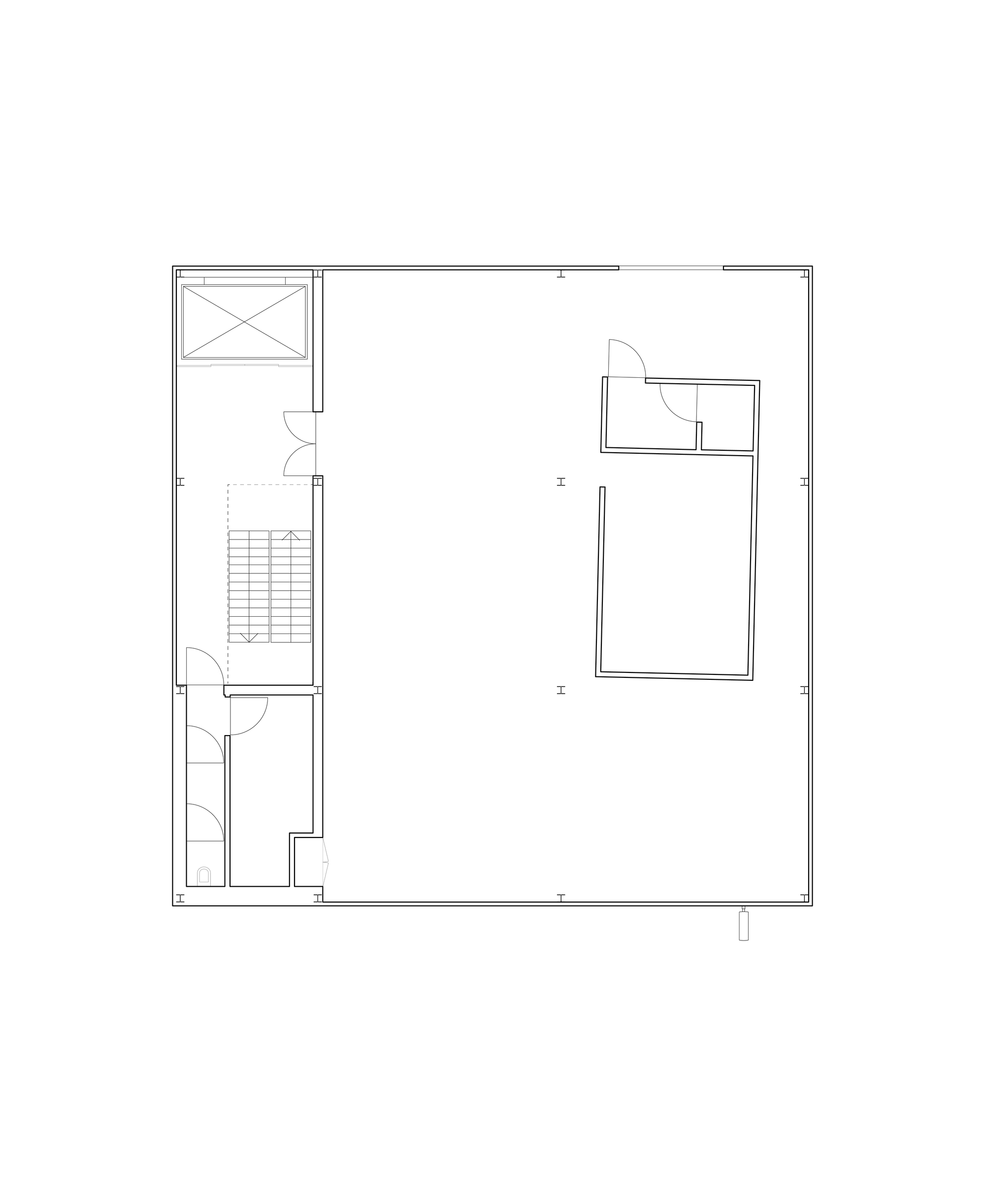 Ground floor plan drawing showing a large open square hall, a stair beside a lift, and small service rooms in one corner