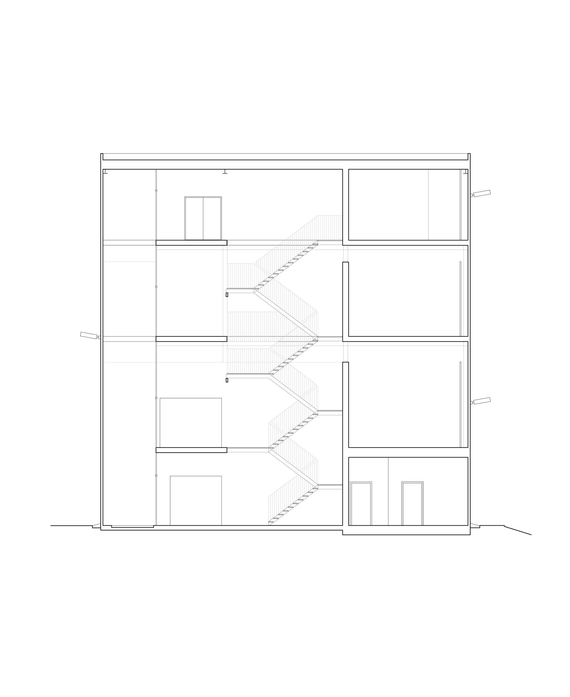 Section drawing through a four-level block showing a zigzag stair beside stacked rooms and a tall open hall