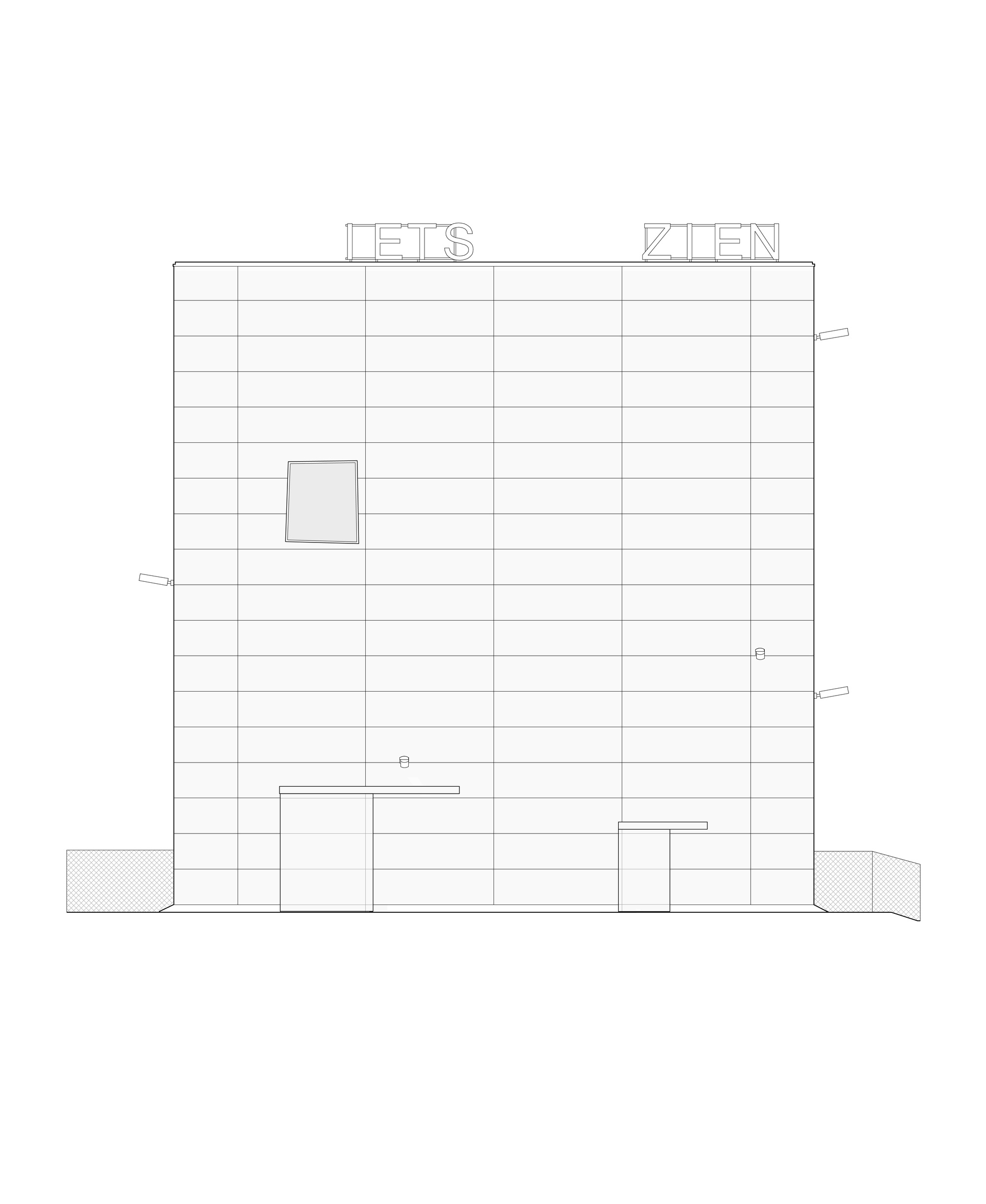 Elevation drawing of a gridded panel facade with two entrance canopies, one small window and rooftop lettering