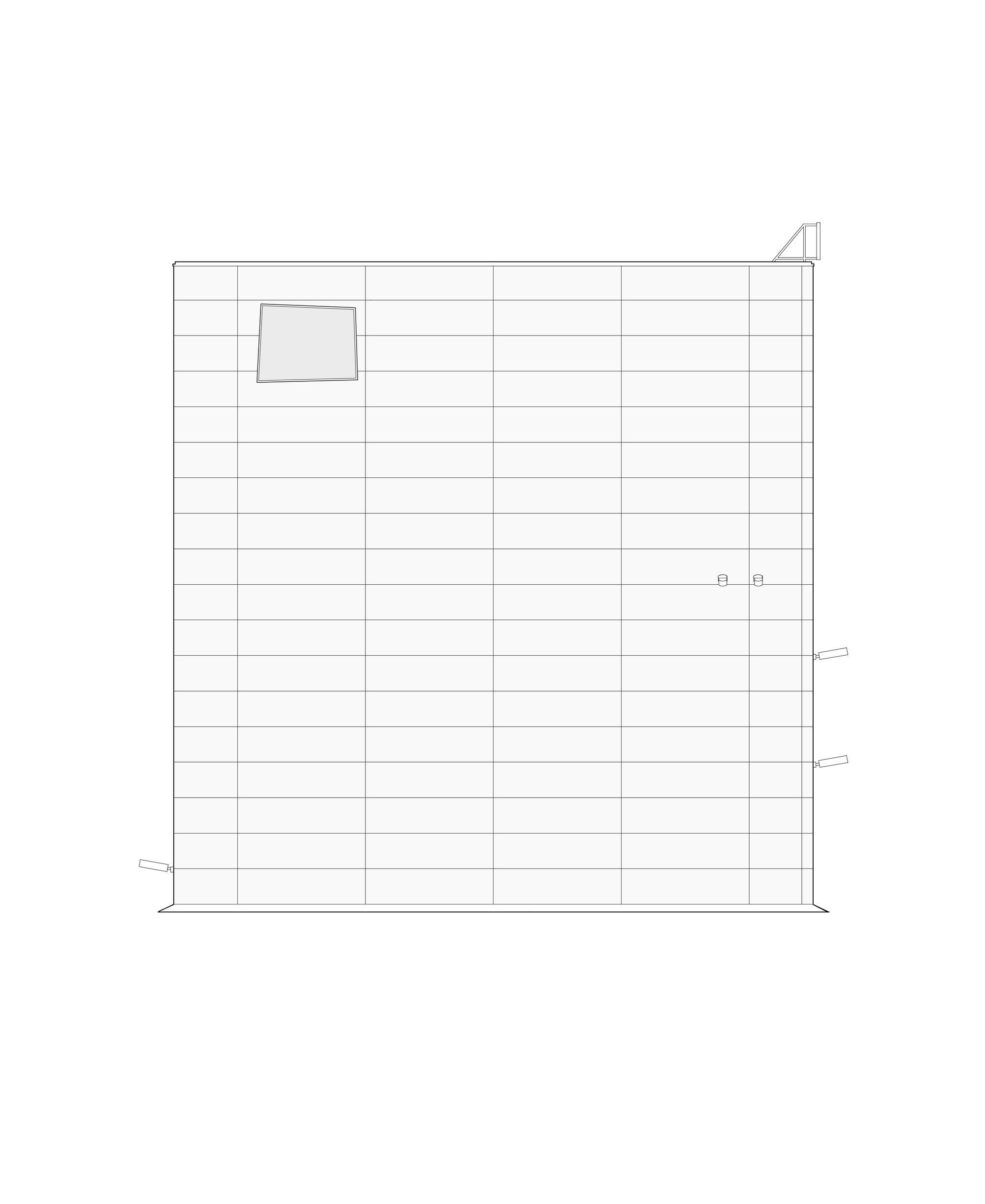 Elevation drawing of a blank gridded panel facade with a single window near the top corner and small wall lamps