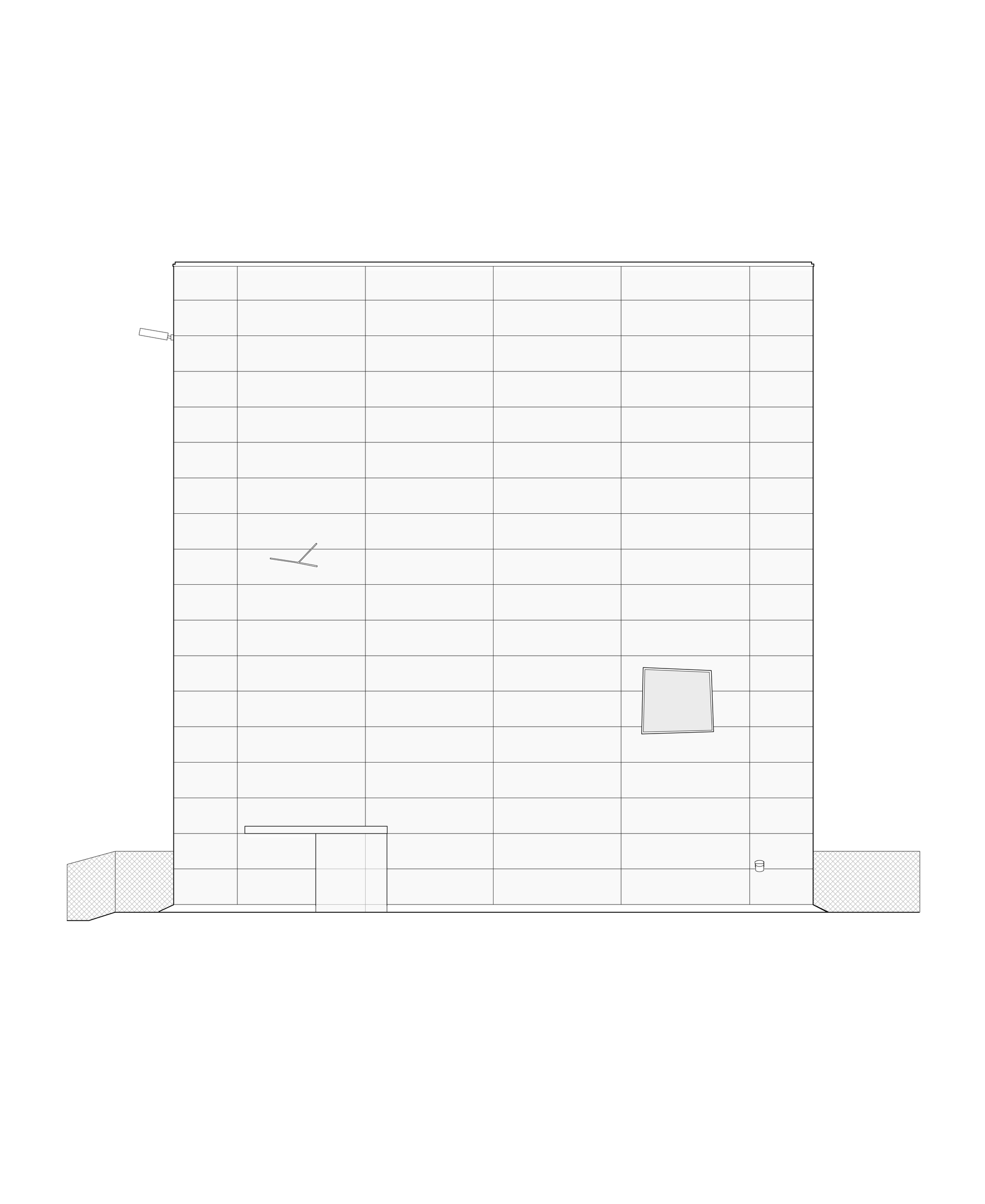 Elevation drawing of a square gridded panel facade with a small tilted window, a low entrance canopy and a door at ground level