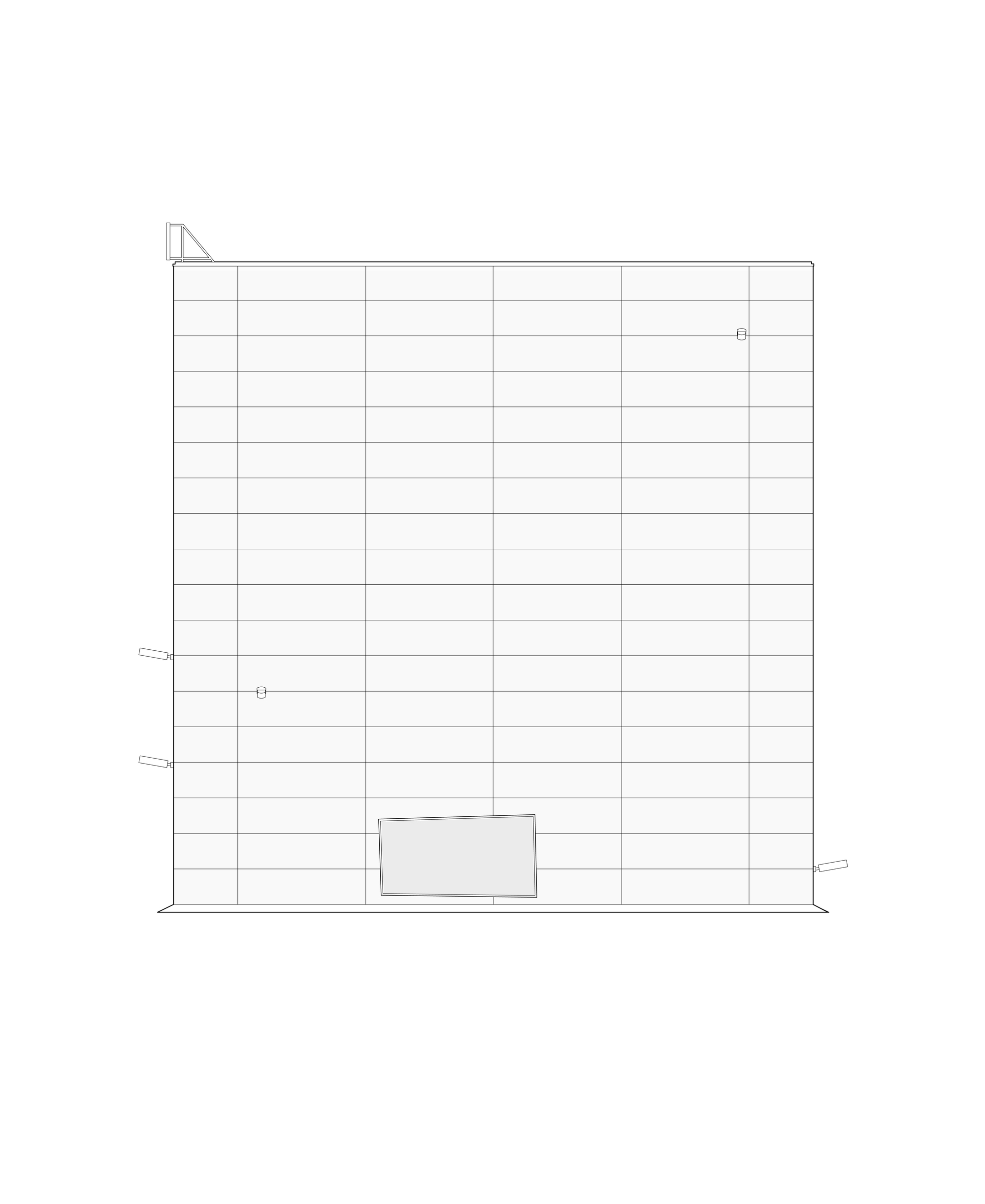 Elevation drawing of a gridded panel facade with a large tilted window near the base and small fixtures along the edges