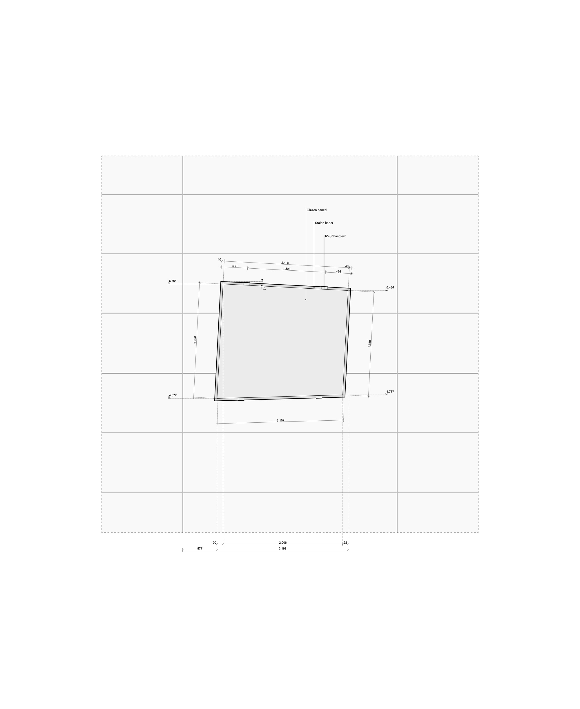 Detail plan drawing of a tilted quadrilateral window set within a panel grid, annotated with dimensions and material labels