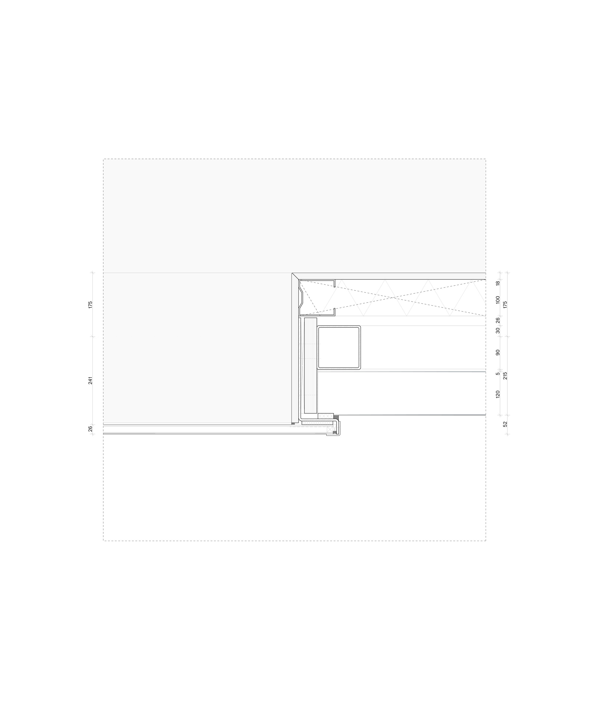 Section drawing of a window edge detail showing layered insulation, a steel tube profile and frame, with dimension lines at the right