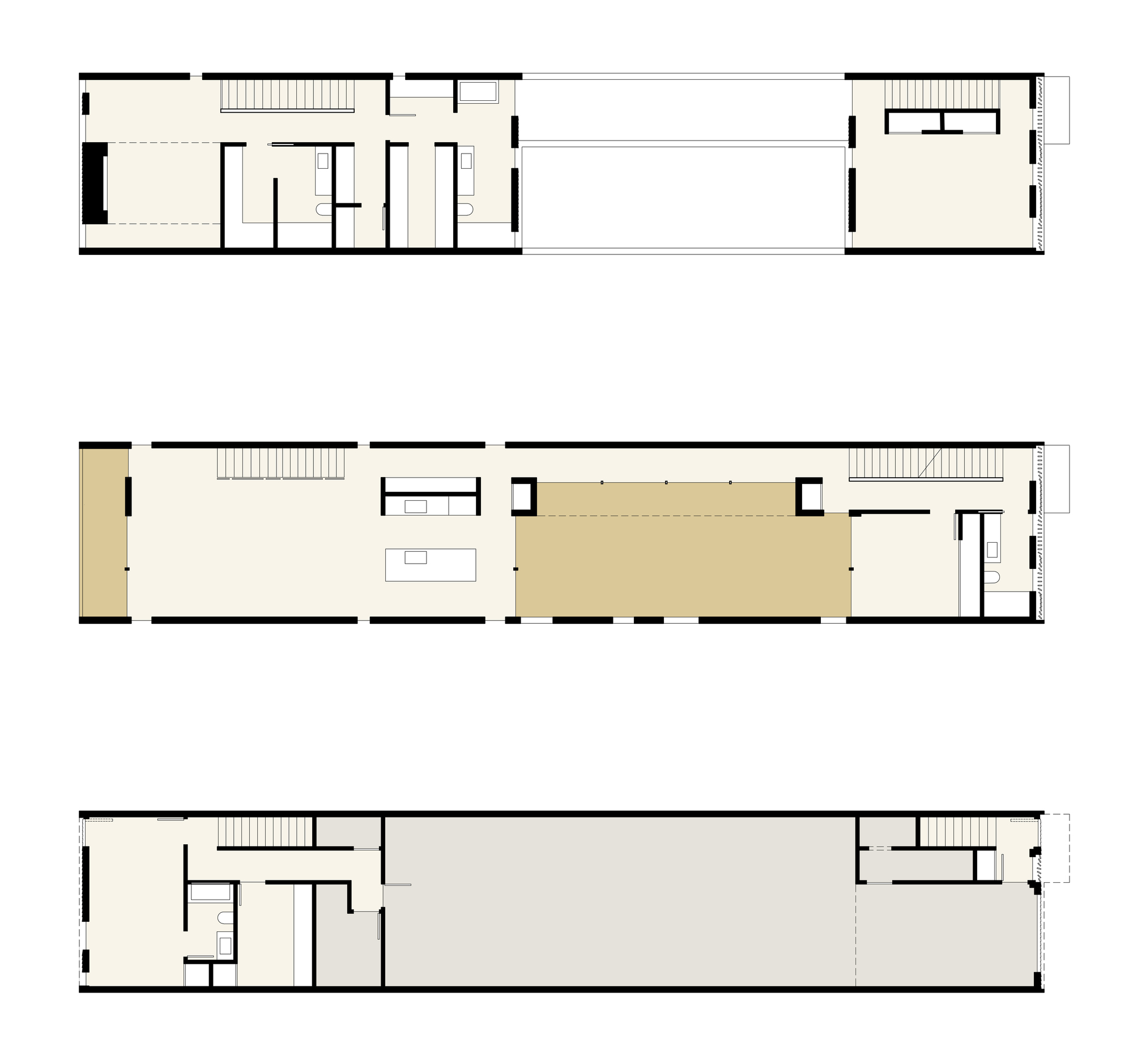 Three stacked floor plan drawings of a long narrow house, showing stairs, bathrooms, kitchen island and a central open void between two end volumes