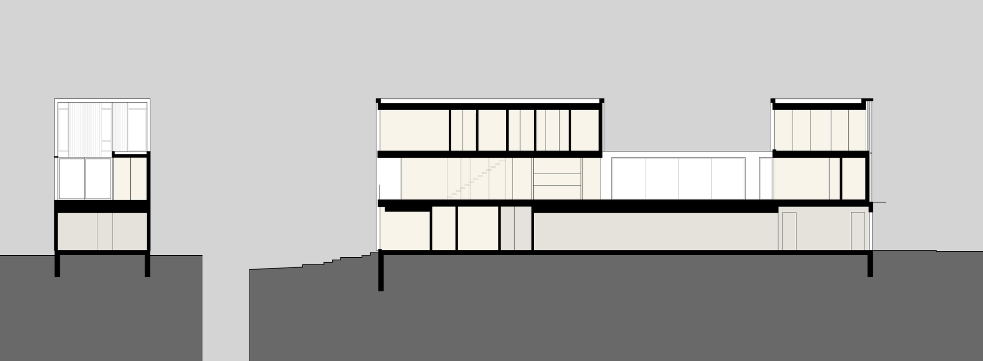 Pair of section drawings showing a stepped, multi-level house cut through its floors, with a taller end volume and a glazed central span above sloping ground