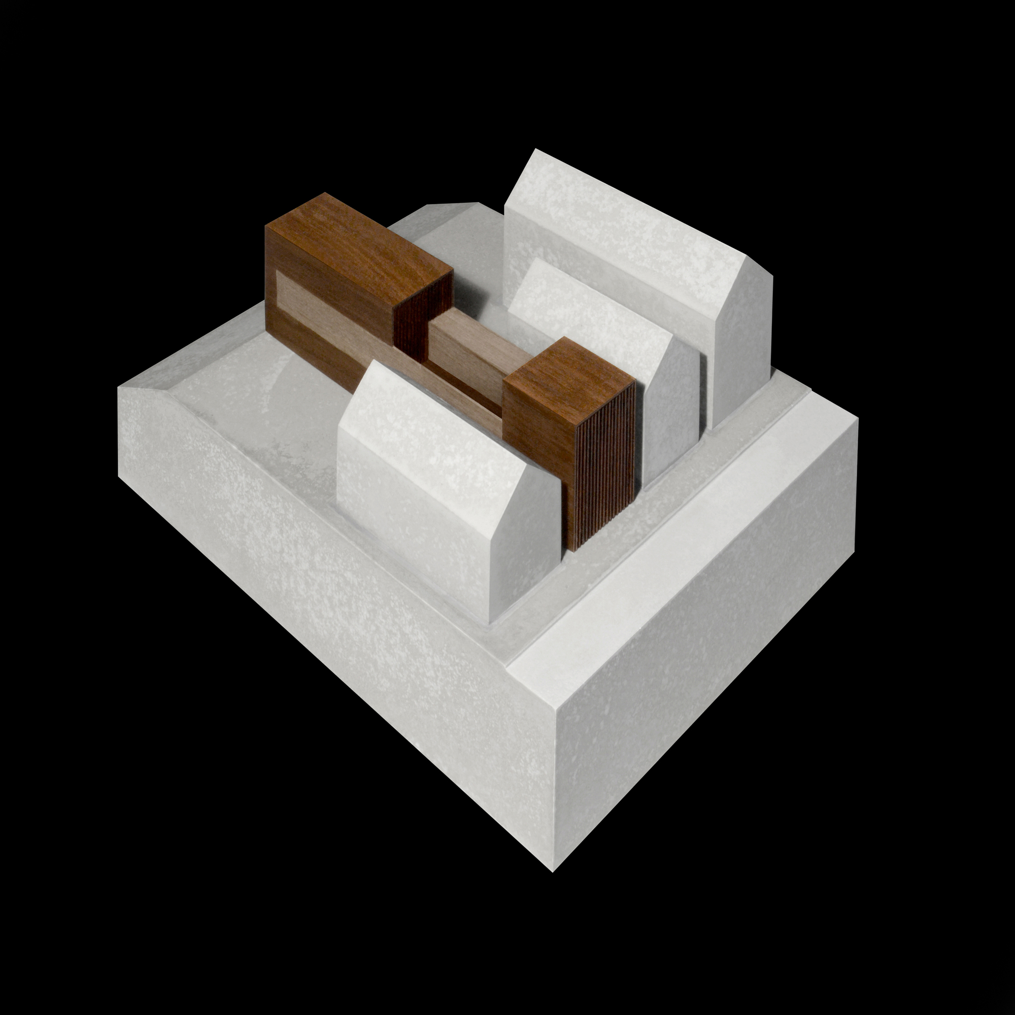 Massing model of two dark timber blocks joined by a lighter bridge between white gabled house volumes, lit against a black background