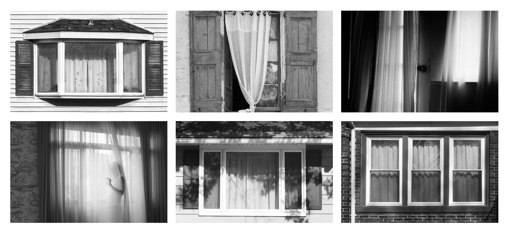 Grid of six black-and-white window studies showing sheer curtains, wooden shutters and a figure behind drapery in daylight