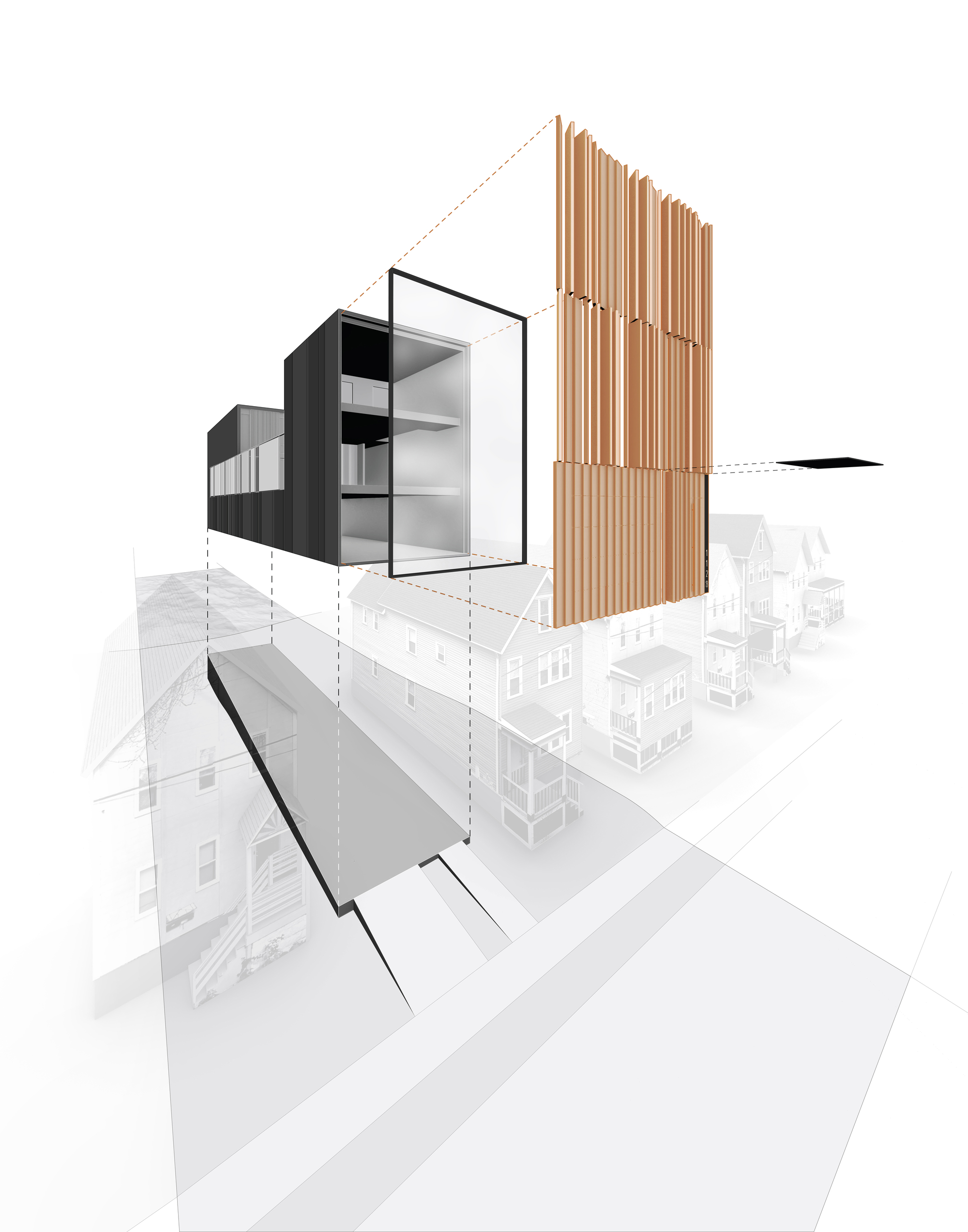 Exploded axonometric drawing of a dark box building with a timber slatted screen lifted above a faded street of gabled houses