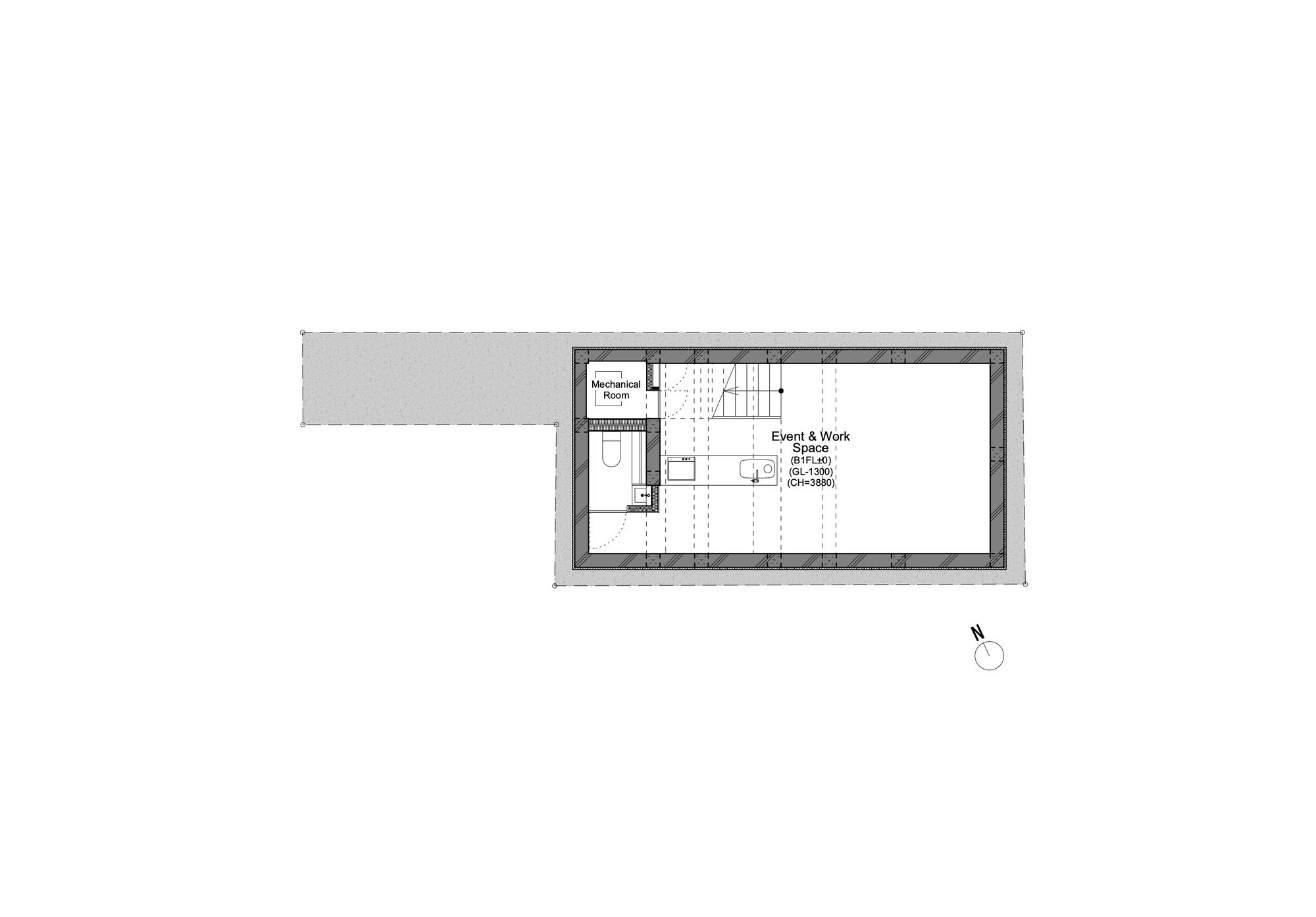 Basement floor plan drawing showing a large event and work space, a mechanical room, a toilet and a stair